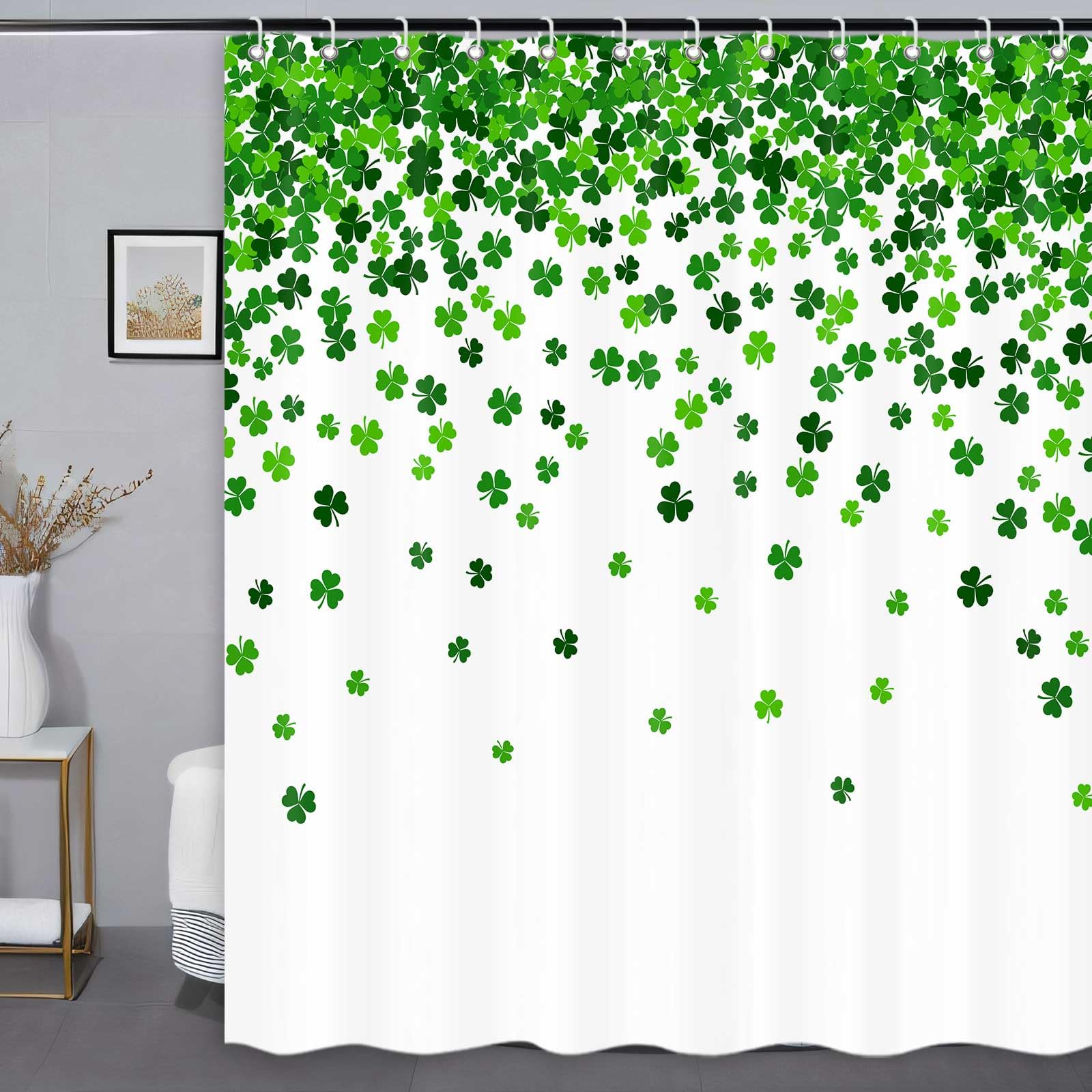 St. Patrick's Day Shower Curtain - Green Clover Shamrock Leaf Design Fabric Bath Curtain with Hooks 72x72 Inches - Irish Themed Bathroom Decor for St. Paddy's Day Party & Home Celebration