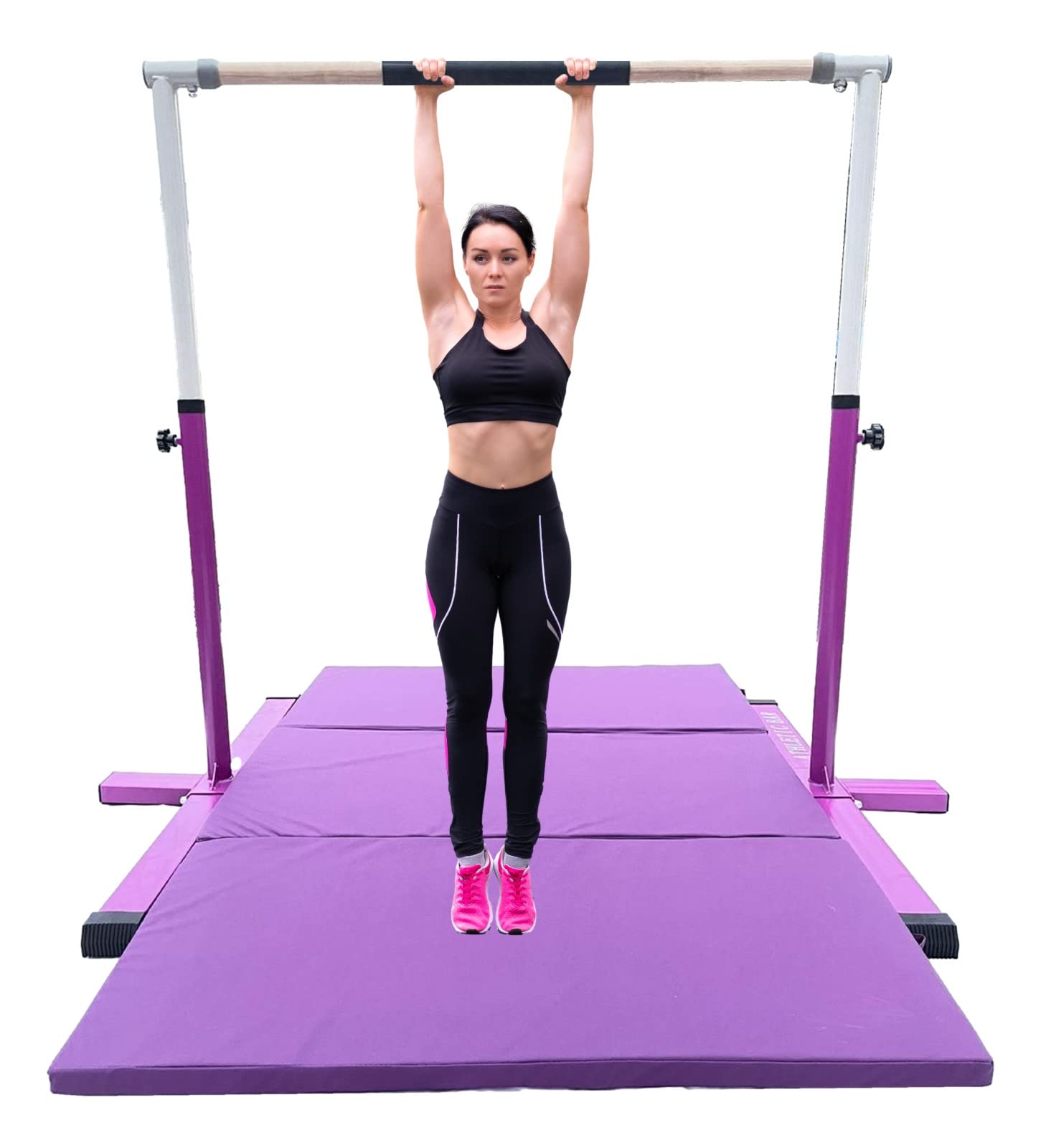 Adjustable Gymnastics Bar for Kids & Adults - 3 to 5 FT Height, with 6'x4' Tumble Mat - Home Gym Equipment for Junior Gymnasts - Purple Expandable Asymmetric Bar - Perfect for Indoor Training, Backyard Practice & Gymnastics Skill Development