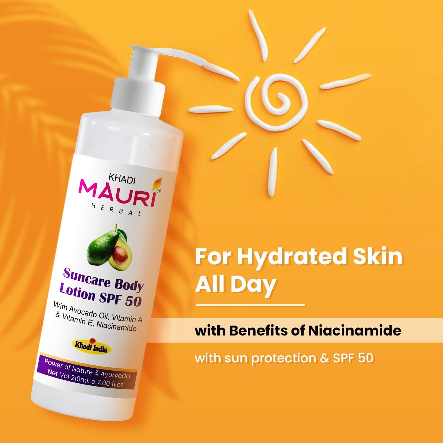 Khadi Mauri Herbal Suncare Body Lotion SPF 50 - Broad Spectrum Sunscreen with Avocado Oil, Vitamin A, E & Niacinamide | Hydrating & Nourishing Skin Care for Dry Skin | 210 ml | Perfect for Beach, Pool & Outdoor Activities