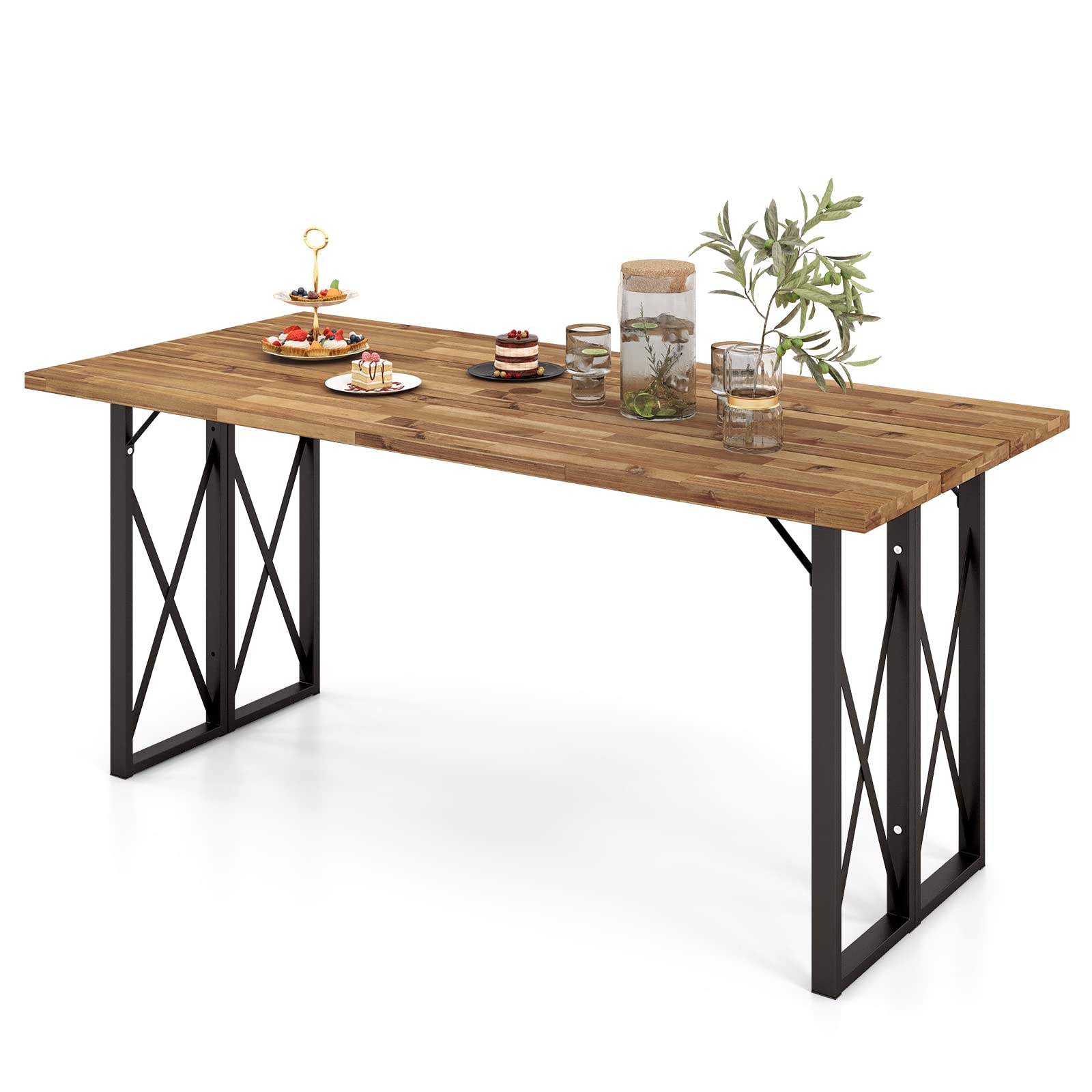 Tangkula 67 Inch Acacia Wood Outdoor Dining Table with Umbrella Hole - Heavy-Duty Metal Frame Patio Table for 6 - Perfect for Backyard BBQ, Garden Parties & Indoor Outdoor Entertaining