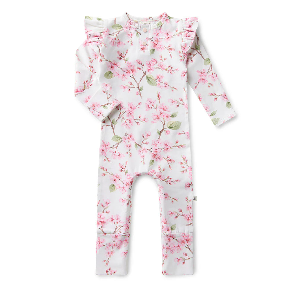 Organic Baby Growsuit - Snuggle Hunny Soft Cotton Cherry Blossom Print One-Piece Outfit for Newborns & Infants | Perfect for Playtime, Naptime & Photo Shoots