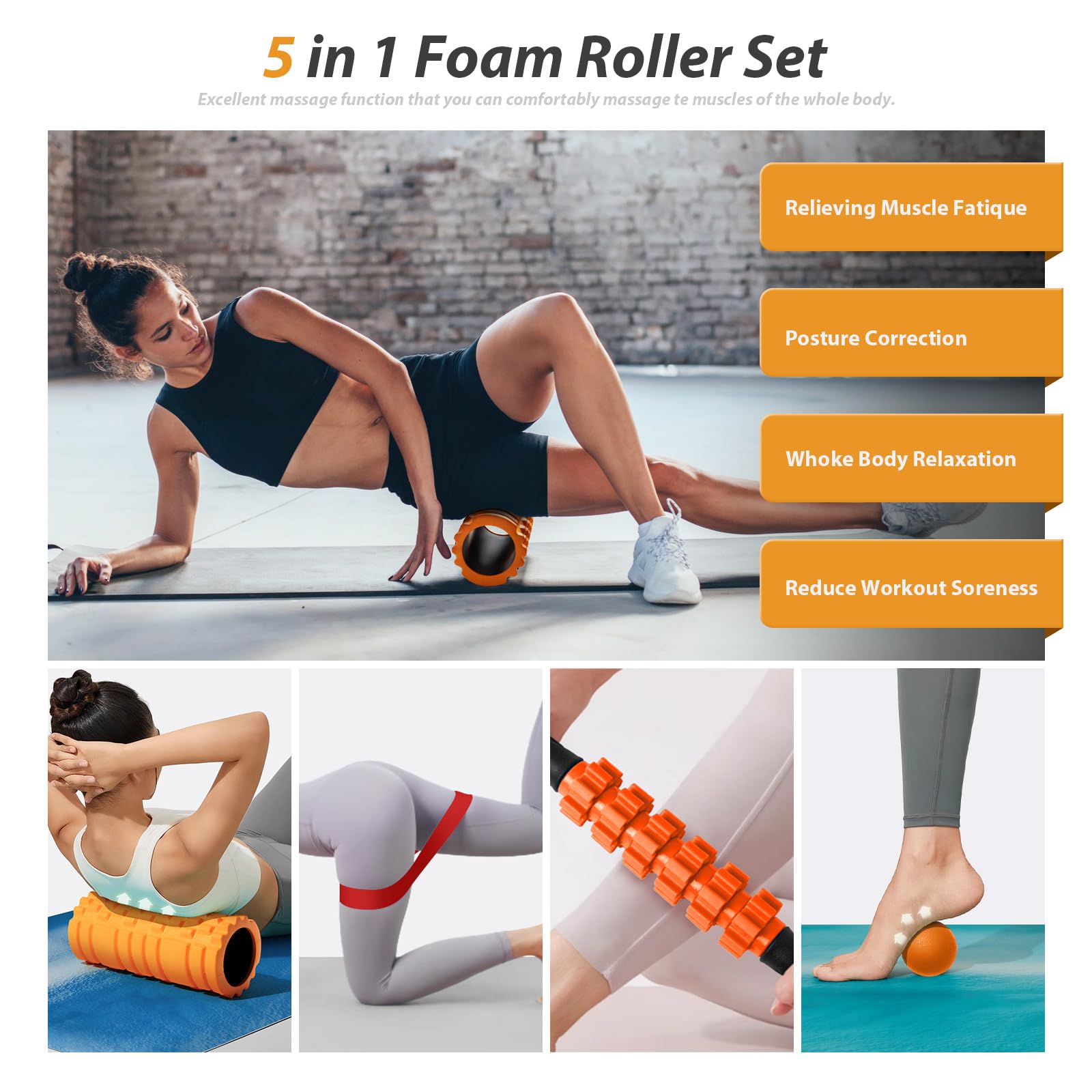 5-in-1 Foam Roller Set for Deep Tissue Massage - Trigger Point Roller, Massage Stick, Therapy Ball & Resistance Band - Perfect for Yoga, Pilates, Fitness & Full Body Workout (Orange-Black) - Home Gym & Physical Therapy Essential
