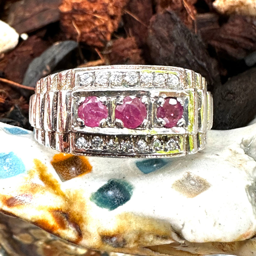 Vintage Mid Century Sterling Silver Ruby & Diamond Ring - Size 10 1/8 - Elegant Antique Jewelry for Women, Perfect for Weddings, Anniversaries & Special Occasions