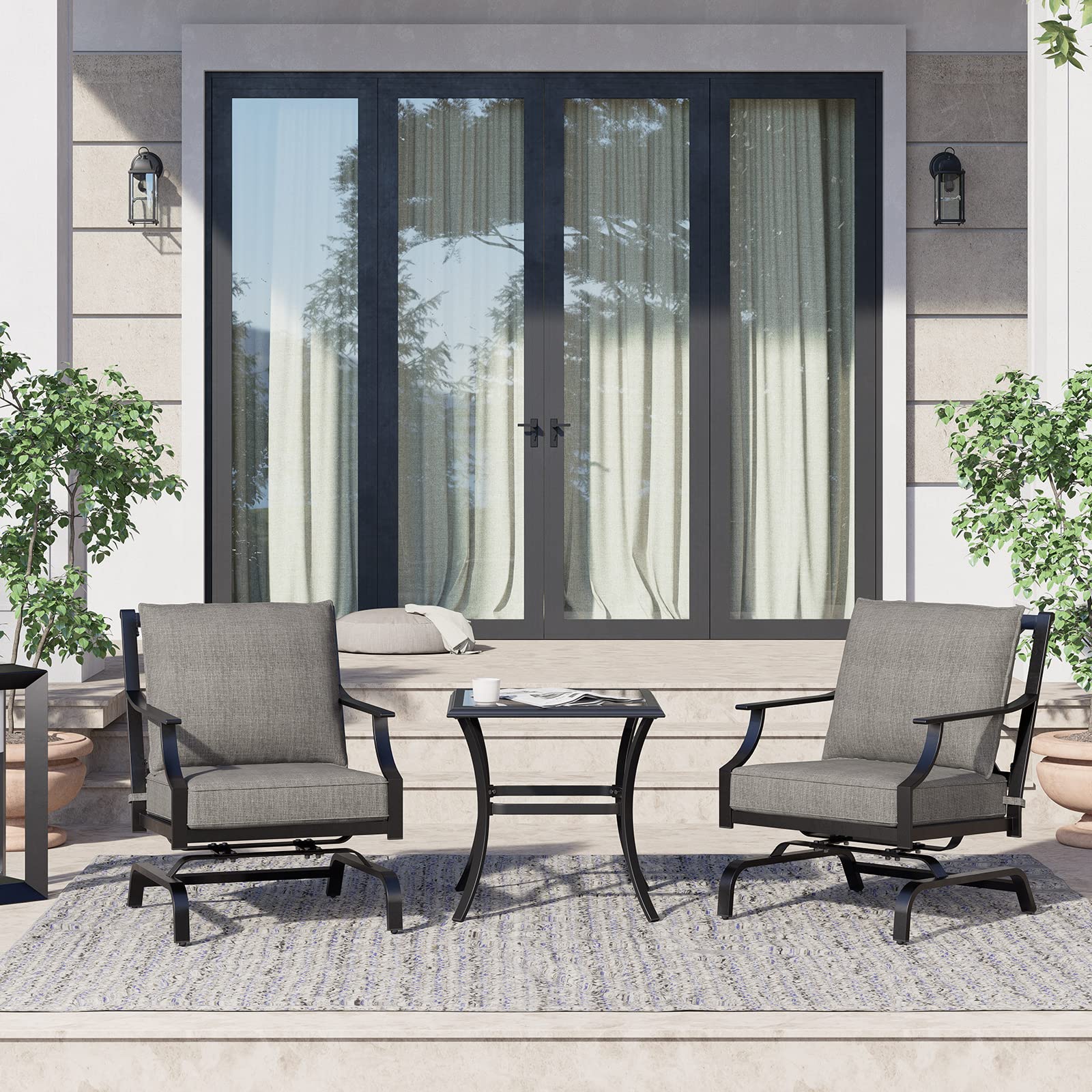3-Piece Outdoor Rocking Patio Chair Set with Coffee Table & Cushions - Modern Grey Furniture for Lawn, Porch & Backyard Relaxation | Durable Weather-Resistant Wicker Design for Garden, Deck & Poolside Use