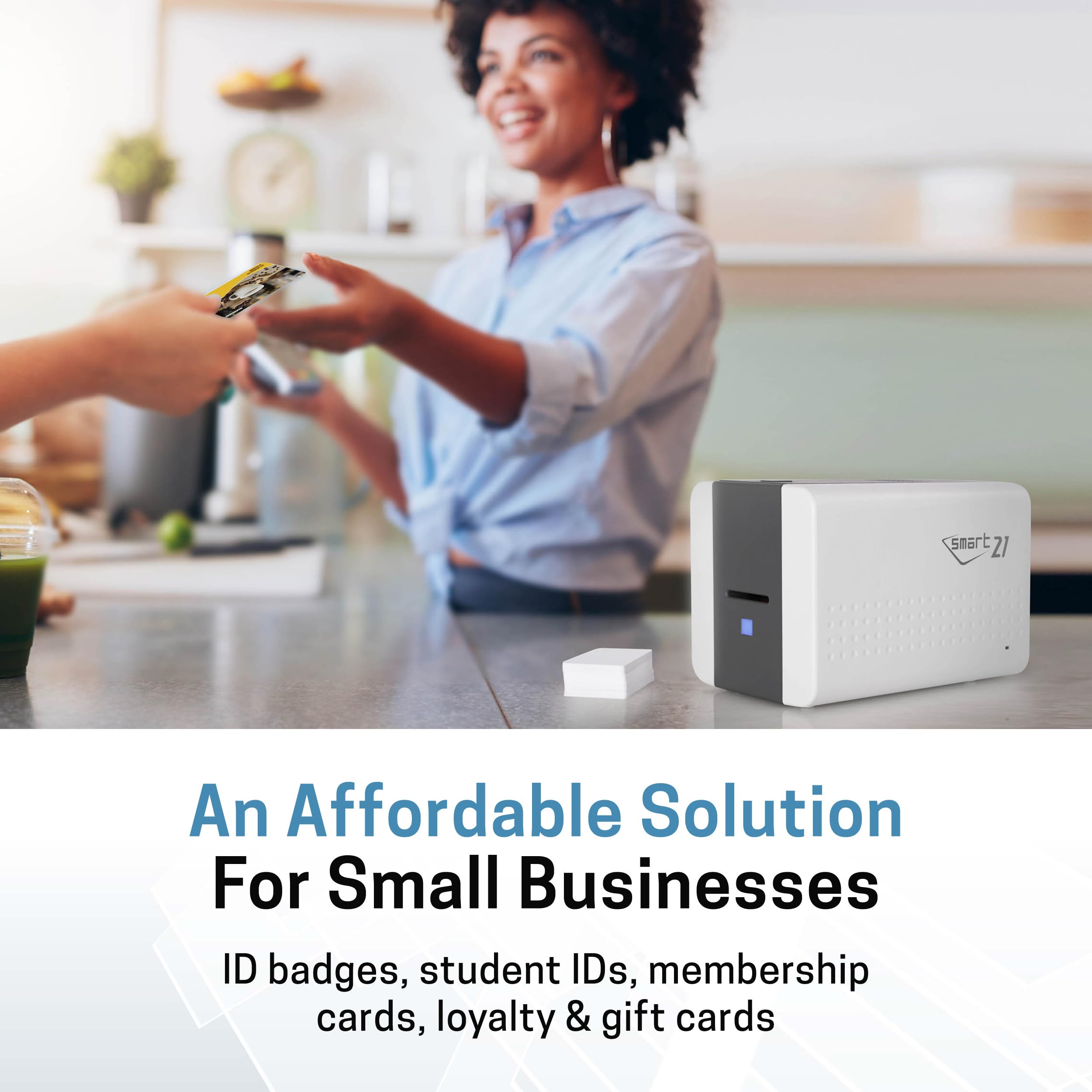 IDP SMART-21S ID Card Printer Kit - Simplex Printing with PC Software, 100 YMCKO Color Ribbons & 100 PVC Plastic Cards for Office Security, School IDs, and Employee Badges