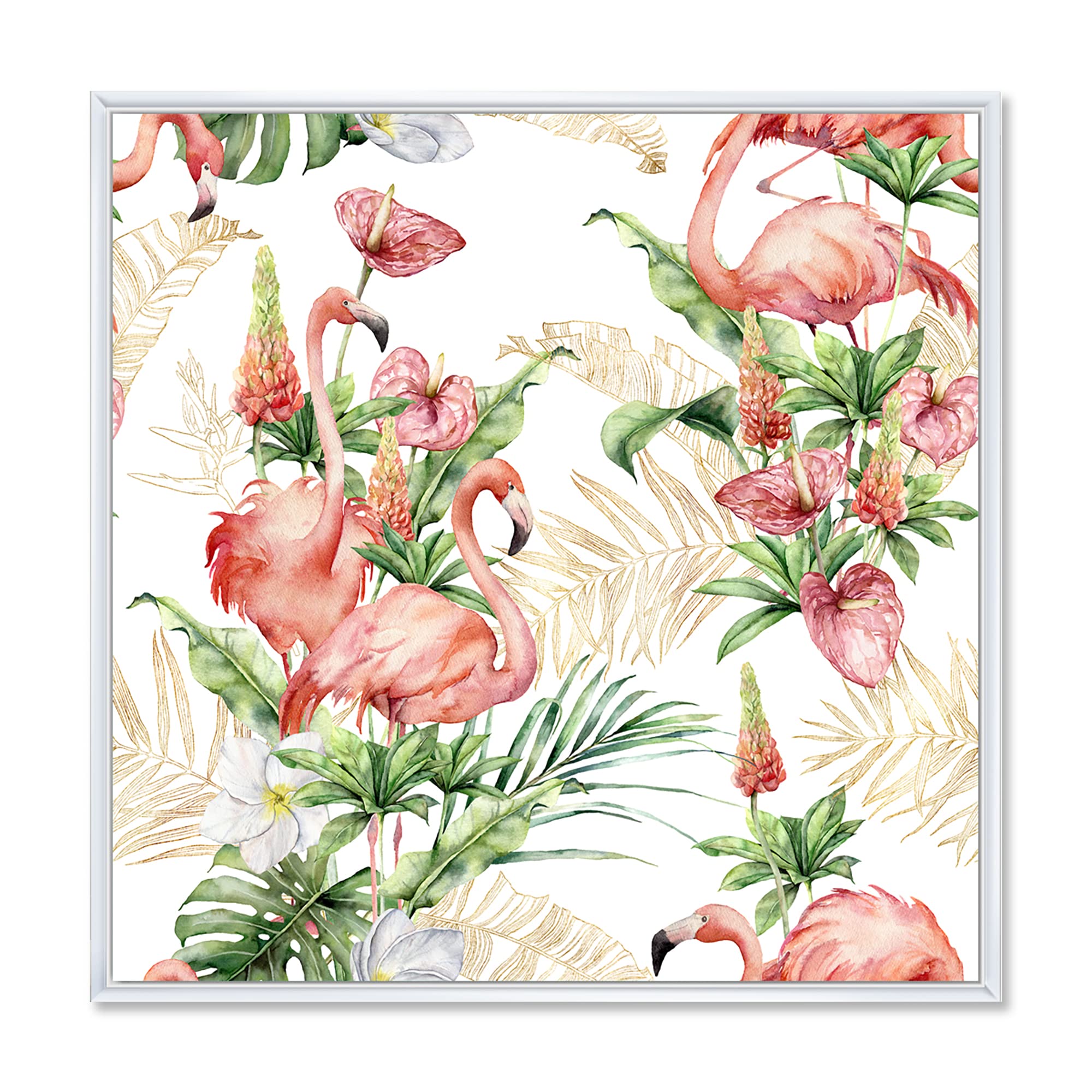 DesignQ Pink Flamingos With Tropical Flowers & Gold Leaves - Traditional Framed Canvas Wall Art Print - Perfect for Living Room, Bedroom & Office Decor