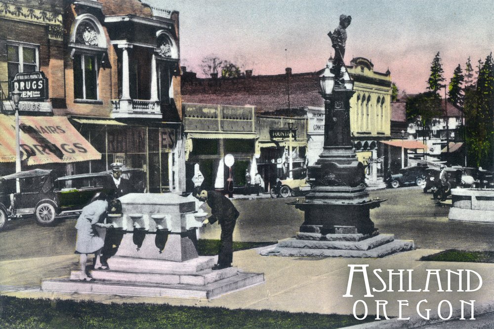 12x18 Ashland Oregon Lithia Fountain Square Wall Art Poster - Scenic Landscape Print for Home & Office Decor | Perfect for Living Room, Bedroom, or Office Wall Decoration