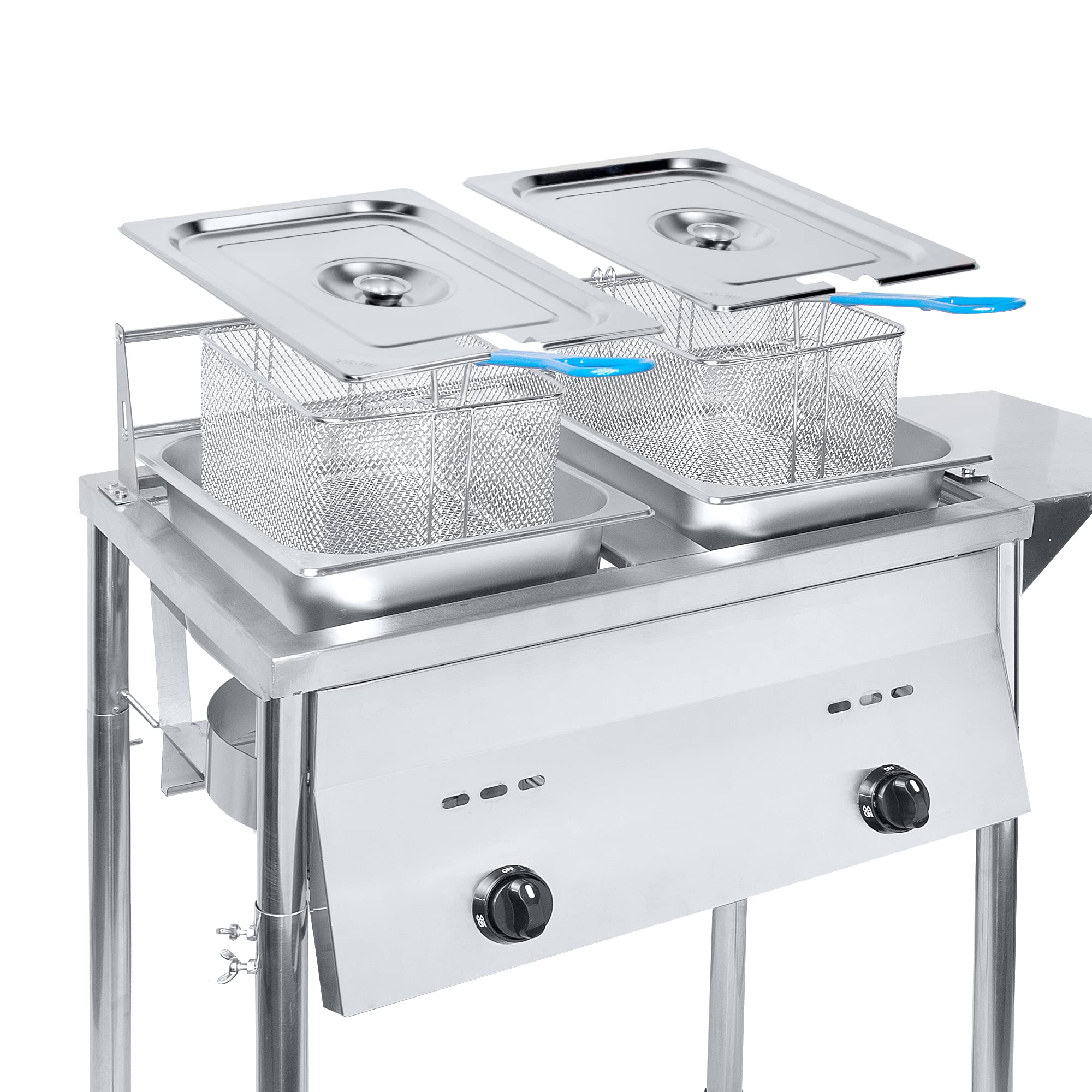 Commercial Grade Two Tank Outdoor Propane Deep Fryer with Thermometer - 2 Stainless Steel Baskets & Lid Covers - High Capacity Oil Tank with Adjustable Regulating Knobs | Perfect for Backyard BBQs, Tailgating, and Outdoor Cooking Events
