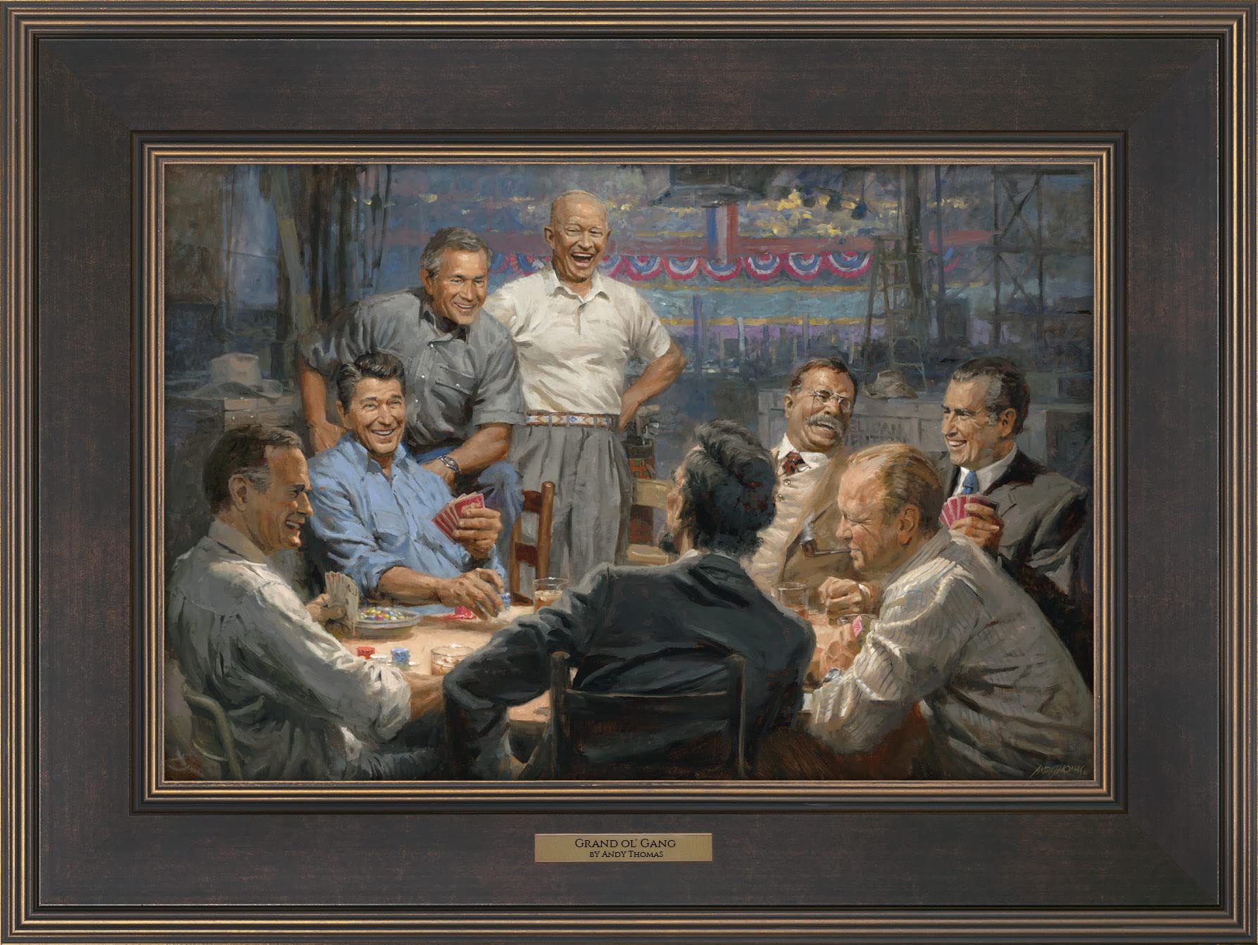 Grand ol' Gang by Andy Thomas - 12x18 Framed Canvas Print of Republican Presidents Playing Poker - Reagan, Bush & Lincoln Artwork (BR216) - Perfect for Home Office Decor & Political Memorabilia Collections