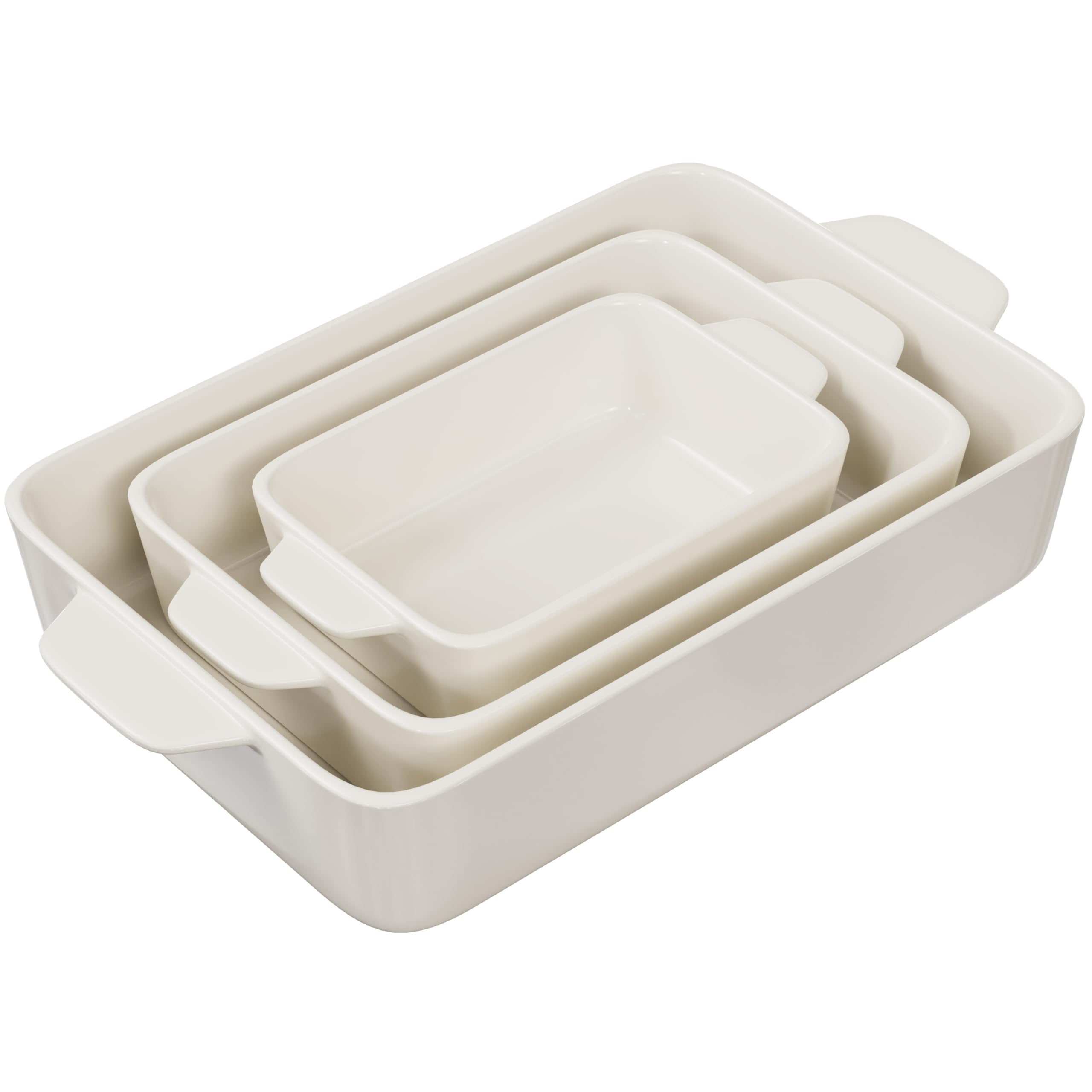 Premium Ceramic Casserole Dishes Set of 3 - Oven, Microwave & Dishwasher Safe Rectangular Baking Pans for Lasagna, Cakes & More - Small, Medium & Large Bakeware (Cream) | Perfect for Family Dinners, Holiday Baking & Meal Prep
