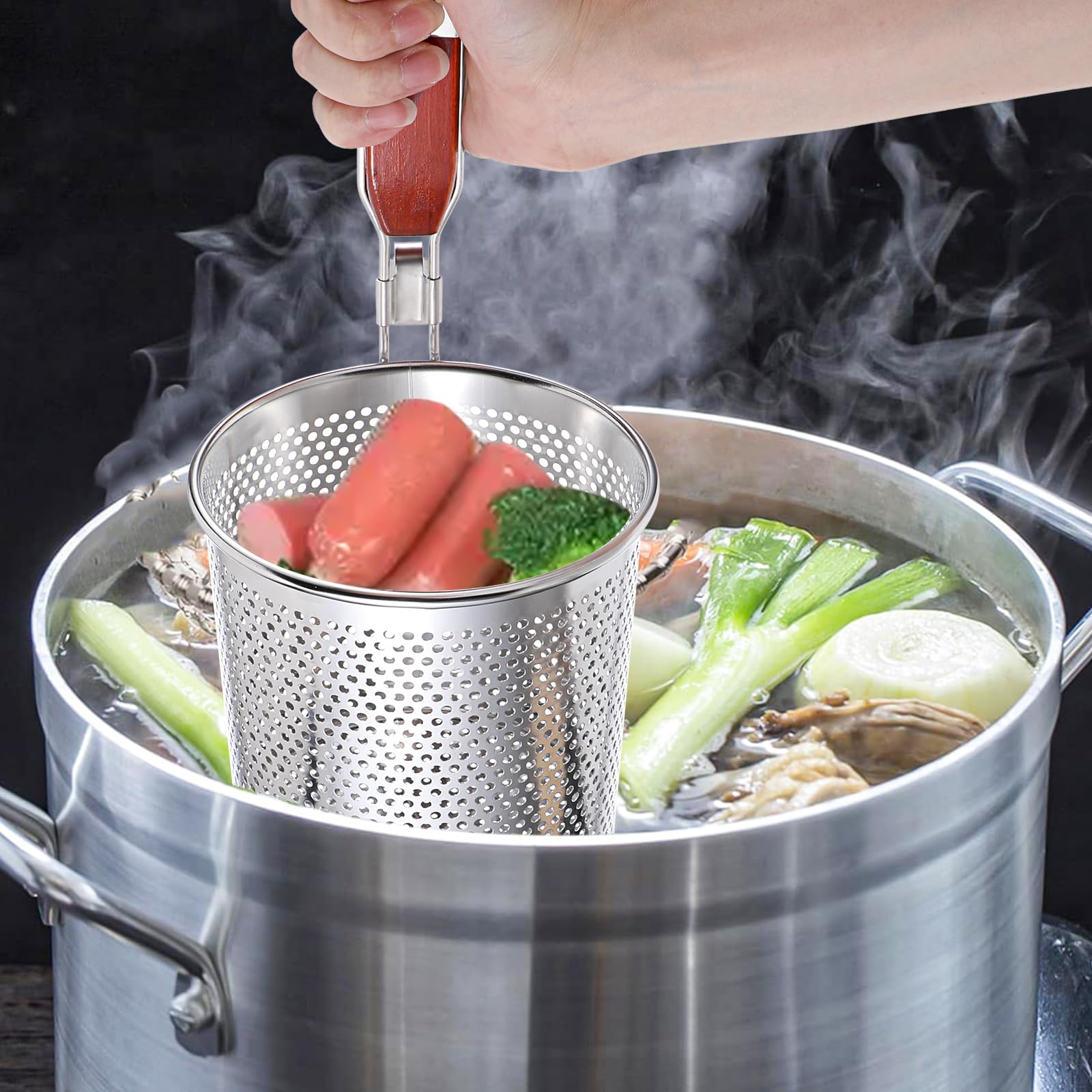 2-Pack Stainless Steel Mesh Pasta Strainer with Wooden Handle - 4.7
