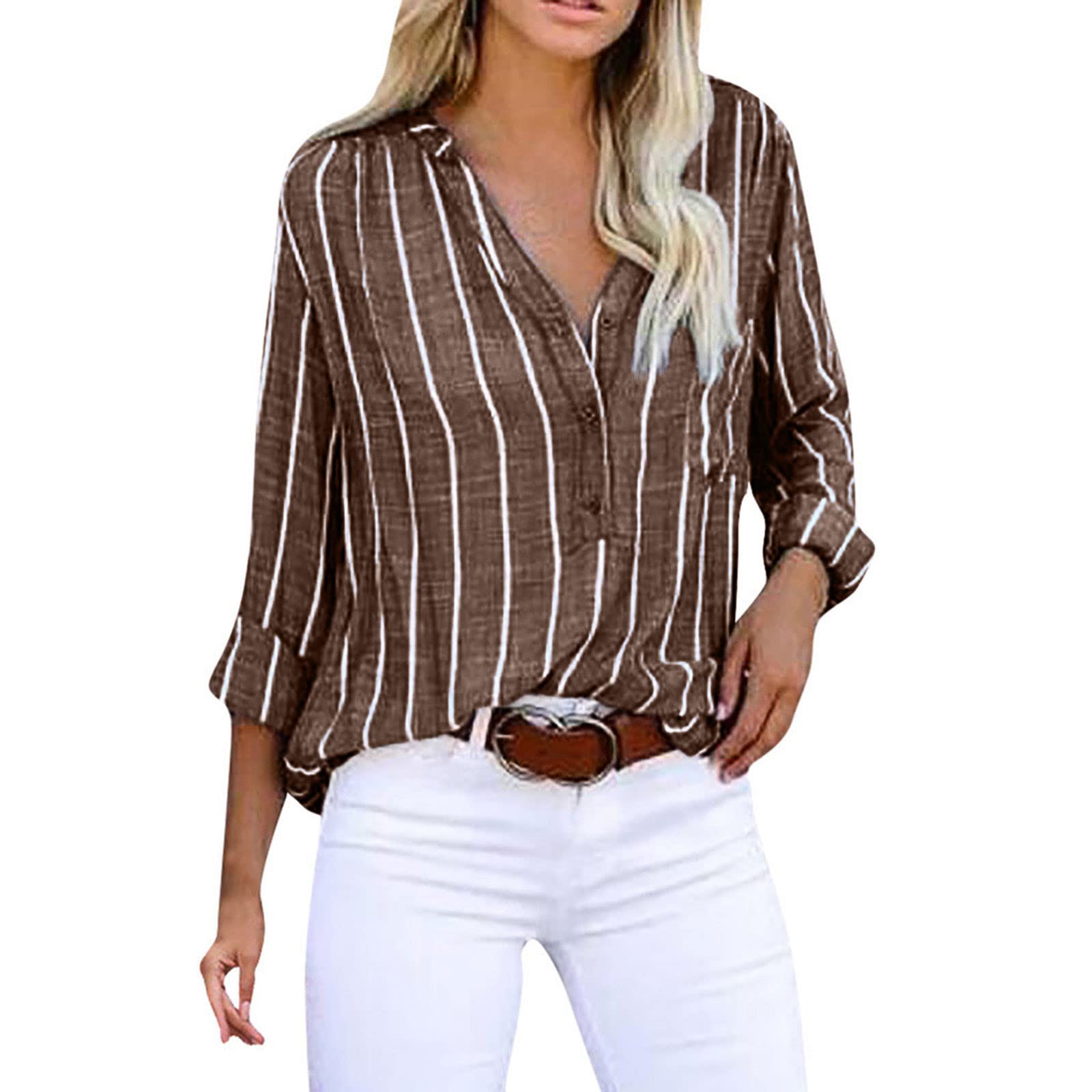 2022 Women's Striped Long Sleeve V-Neck Button Down Blouse - Fashionable Dressy & Casual Loose Fit Top for Business Work & Everyday Wear | Office Outfits, Date Nights & Weekend Style
