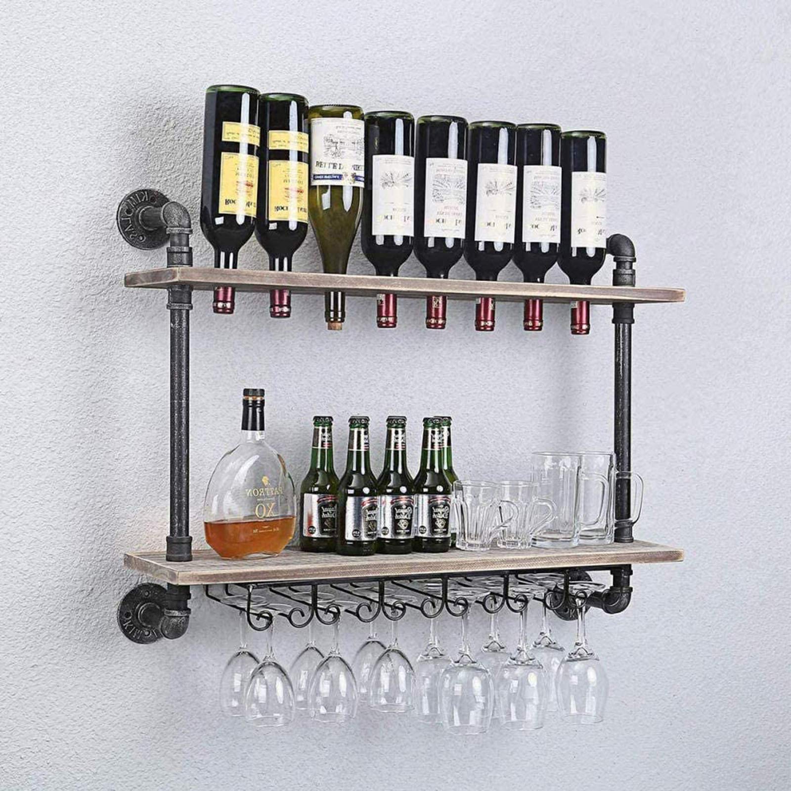 Industrial Rustic Wall Mounted Wine Rack - Metal & Wood Liquor Bottle Storage Holder - Floating Shelf for Home Decor - Perfect for Kitchen, Bar, Dining Room & Living Room Display