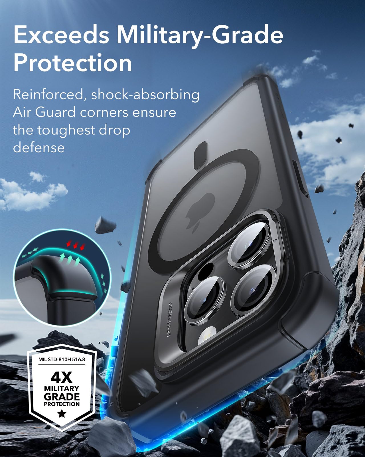 ESR Armor Series Magnetic Shockproof Case for iPhone 15 Pro - Full Body Protection with Built-in Stash Stand & Lens Protectors | Magsafe Compatible Clear Black Phone Cover for Work, Travel & Outdoor Activities