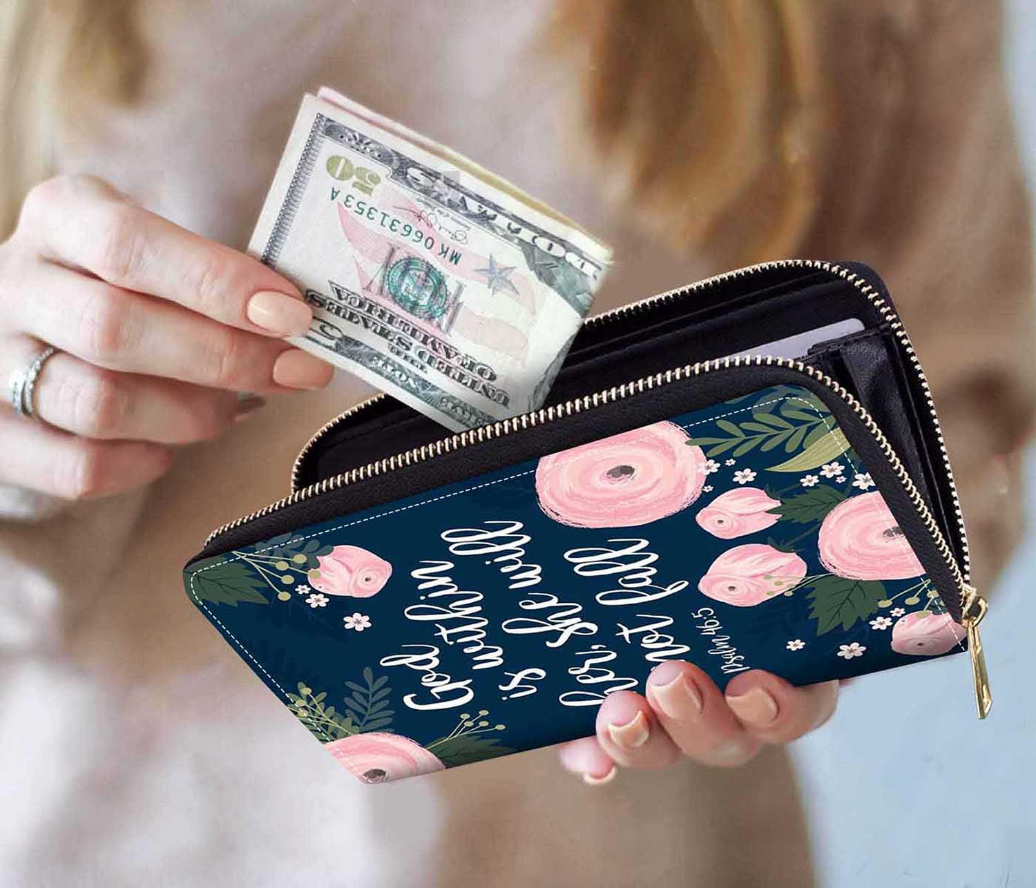 Floral Bible Verse Psalm 46:5 Print Women's Large PU Leather Wallet - Zipper Clutch Purse for Smartphone, Cards, Coins & Cash - Perfect for Church, Daily Use & Gift Giving