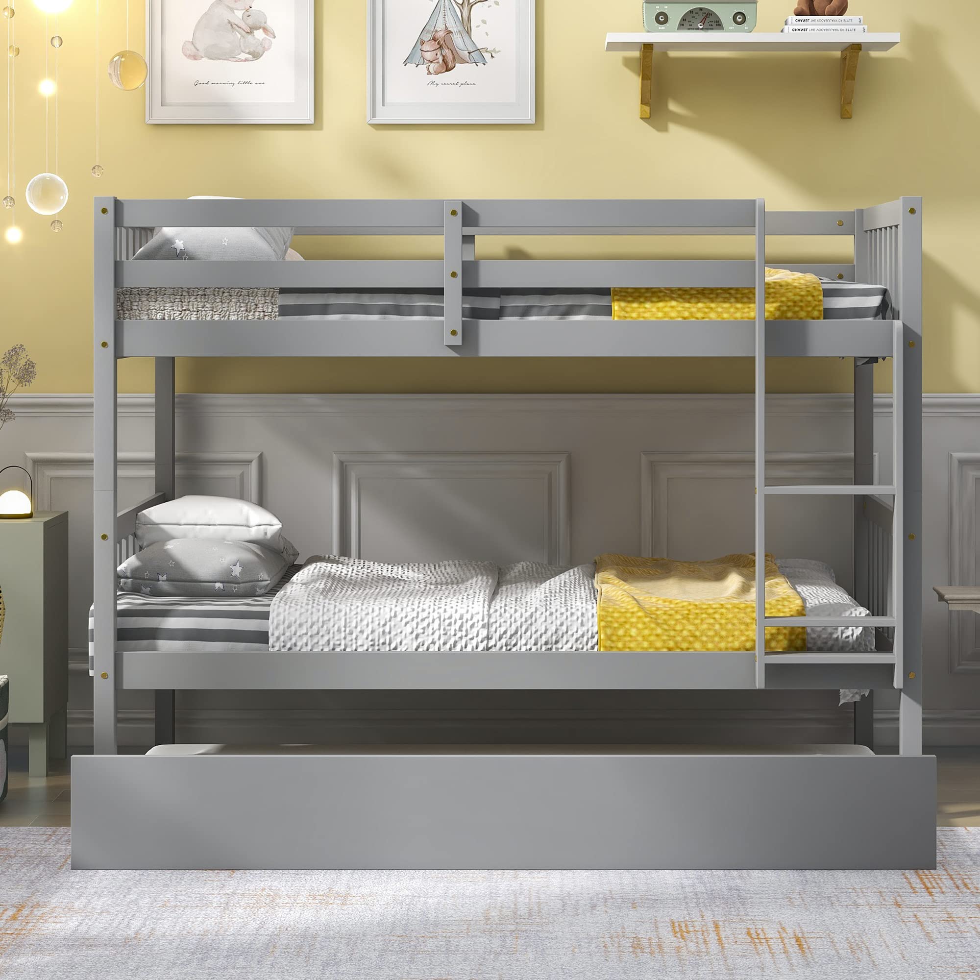 Solid Wood Twin Over Twin Bunk Beds with Trundle - Convertible Bunk Bed Frame with Safety Rail & Ladder for Kids, Teens & Adults - Perfect for Bedrooms, Guest Rooms & Small Spaces (Grey, Twin/Twin with Trundle) - Space-Saving Sleeping Solution for Homes, Dorms & Vacation Cabins