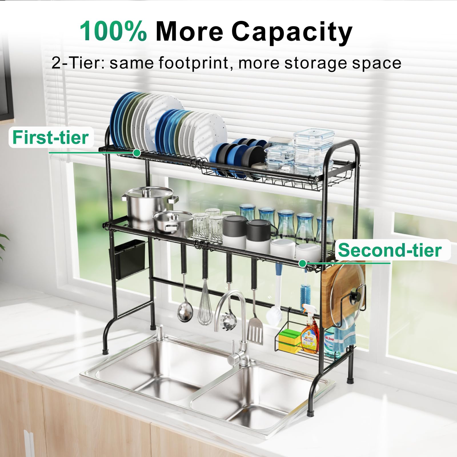 GSlife Stainless Steel Over The Sink Dish Drying Rack - 2 Tier Space Saving Dish Drainer with Utensil Holder & Cutting Board Storage | Perfect for Small Kitchens, Apartments & RV Use (Black)