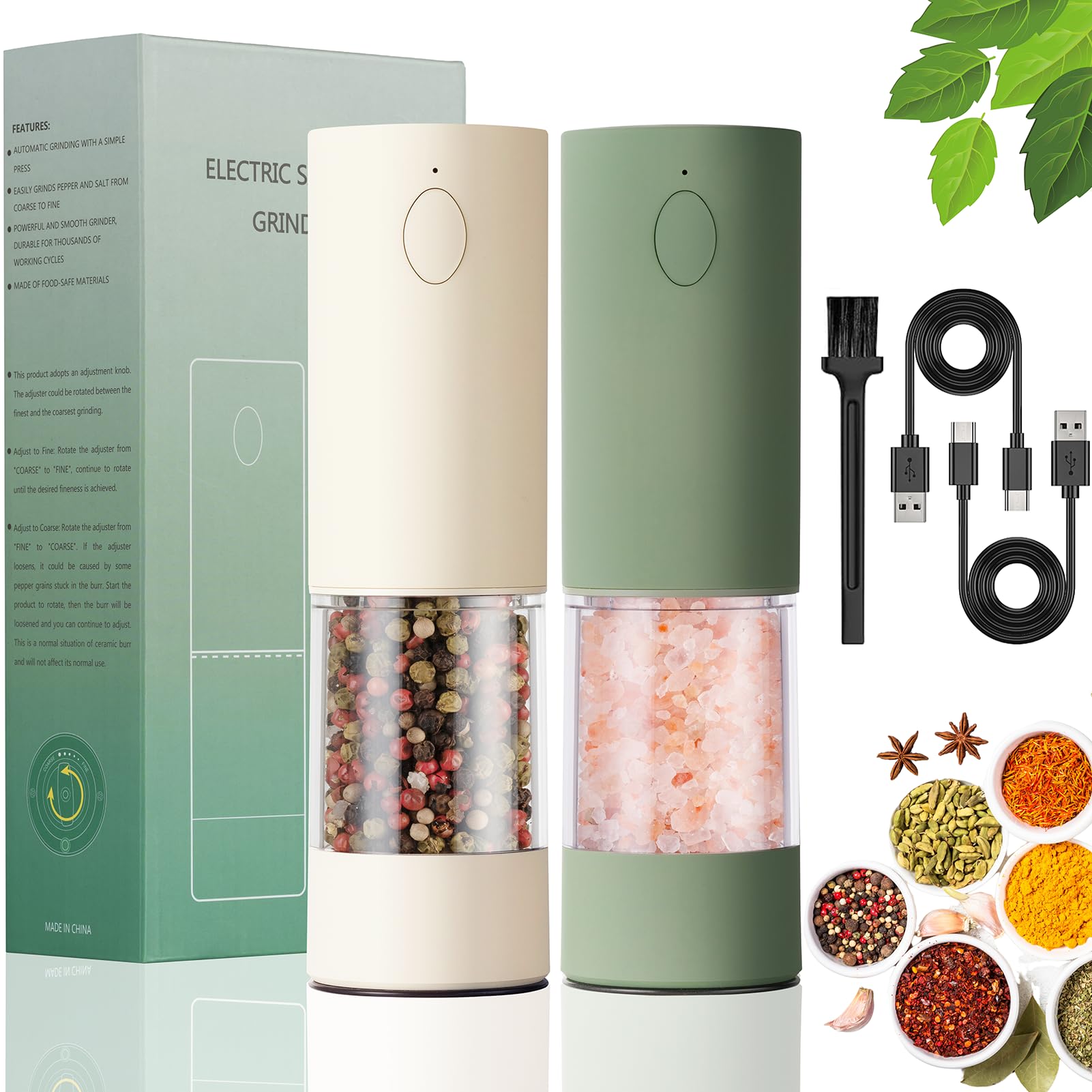 Premium Electric Salt & Pepper Grinder Set (2 Pack) - USB Rechargeable Battery, Adjustable Coarseness, One-Hand Operation with LED Light - Automatic Spice Mill for Kitchen, Dining Table, Camping & Outdoor Cooking | Perfect Gift for Home Chefs