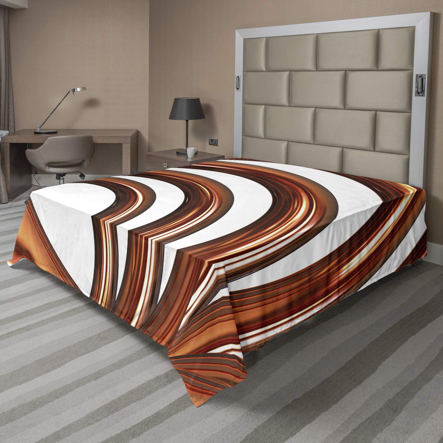 Ambesonne Abstract Flat Sheet - Queen Size Dark Orange & White Helix Spiral Print - Soft Comfortable Decorative Top Sheet for Bedroom, Guest Room, Dorm - 1 Piece