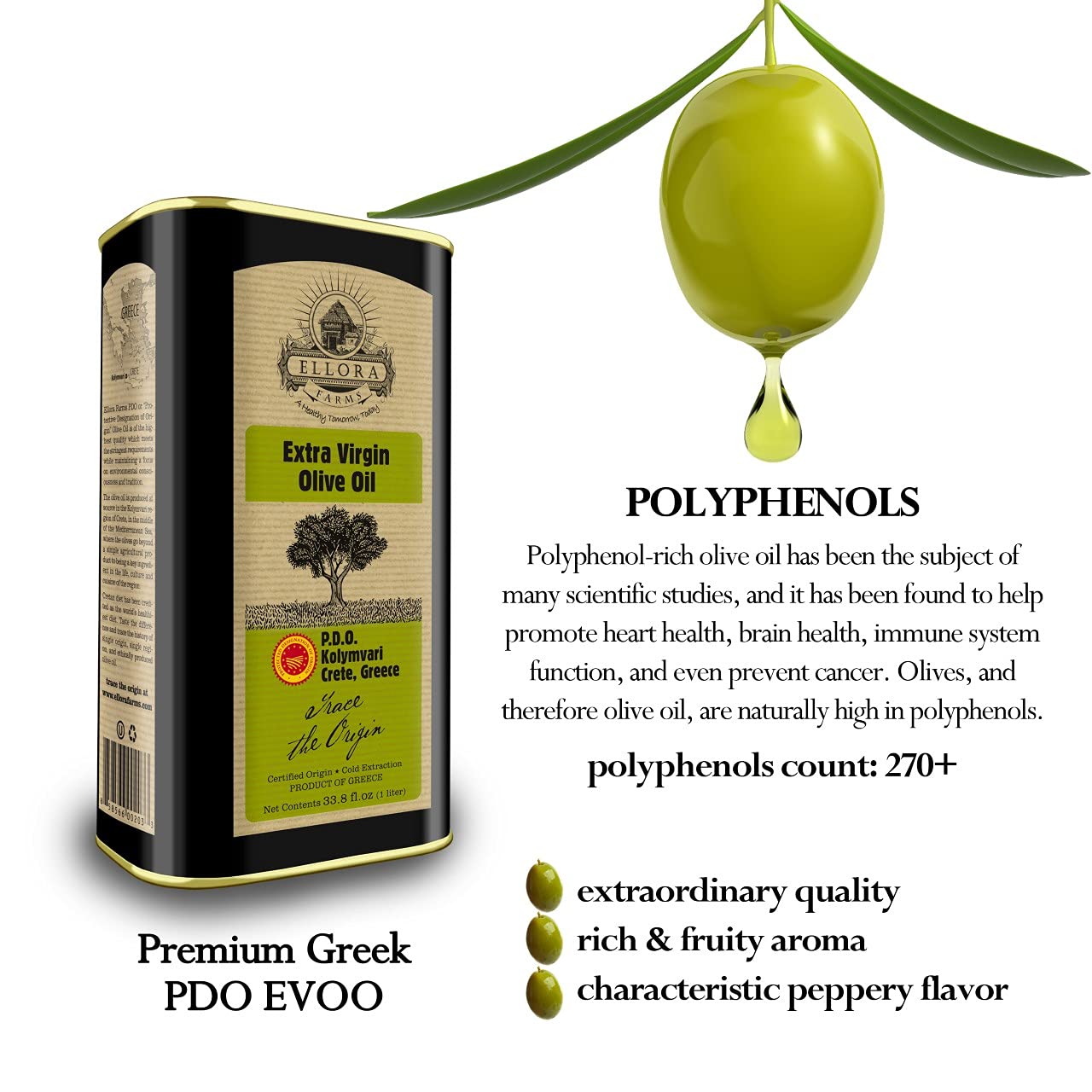 Ellora Farms Greek Extra Virgin Olive Oil - Certified Single Estate PDO, Traceable, Harvested in Crete, Kosher Certified, 1L x 3 Tins (101.4 Fl Oz) - Perfect for Cooking, Salad Dressings & Gourmet Recipes