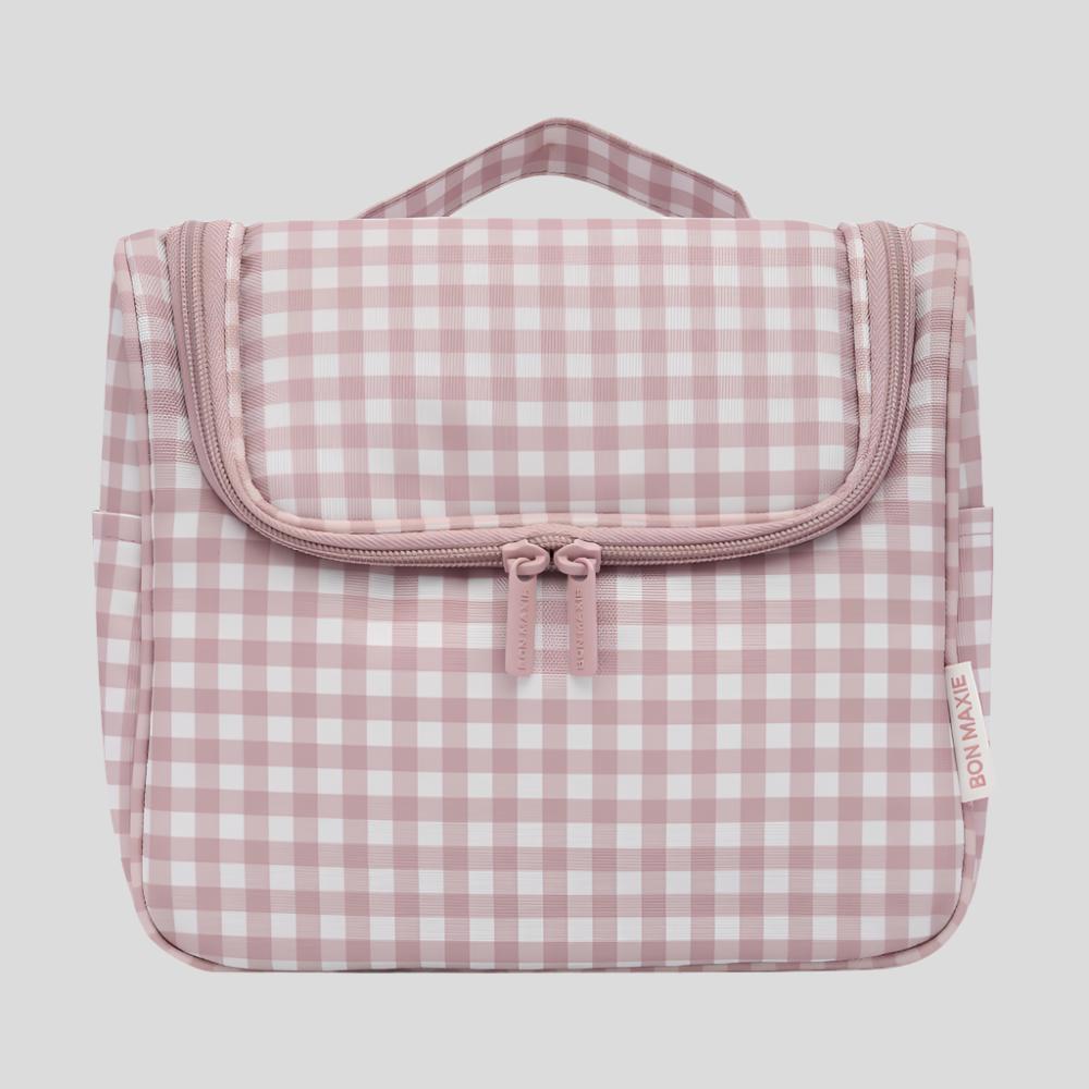 Bon Voyage Travel Toiletry Bag - Waterproof Hanging Cosmetic Organizer with Milk Tea Gingham Pattern | Perfect for Vacation, Business Trips & Gym Essentials
