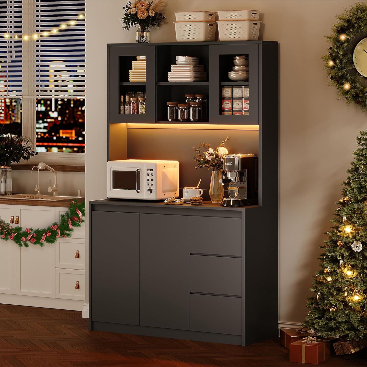 Modern Black Kitchen Pantry Cabinet with LED Lights & Charging Station - Tall Storage Hutch with Microwave Stand, Buffet Cabinet & Countertop - Perfect for Small Kitchens, Dining Room Storage & Home Organization