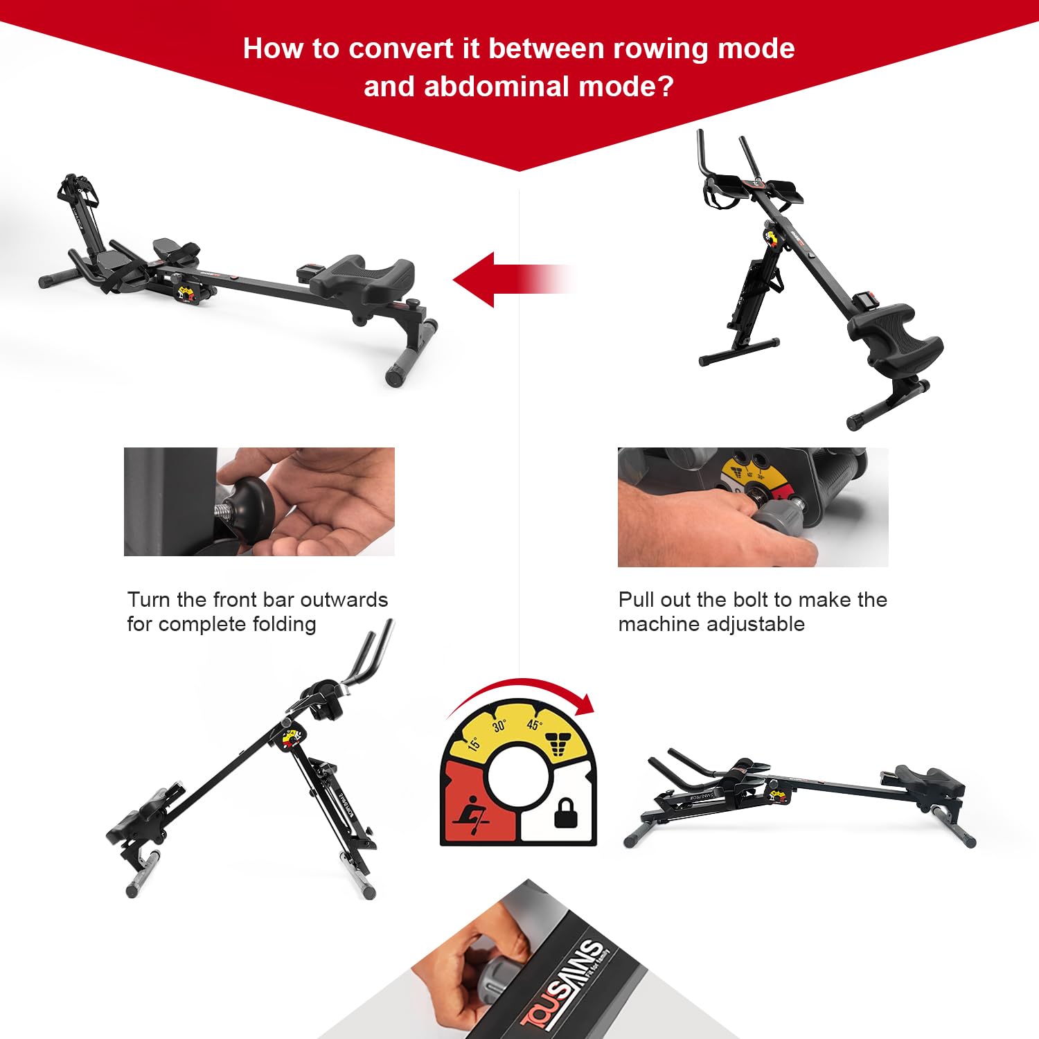 Tousains 3-in-1 Foldable Rowing Machine with AB Workout, 3-Level Adjustable Angle & LED Monitor - Multi-Functional Home Gym Equipment for Full Body Workout - Perfect for Small Spaces, Cardio Training & Strength Building at Home