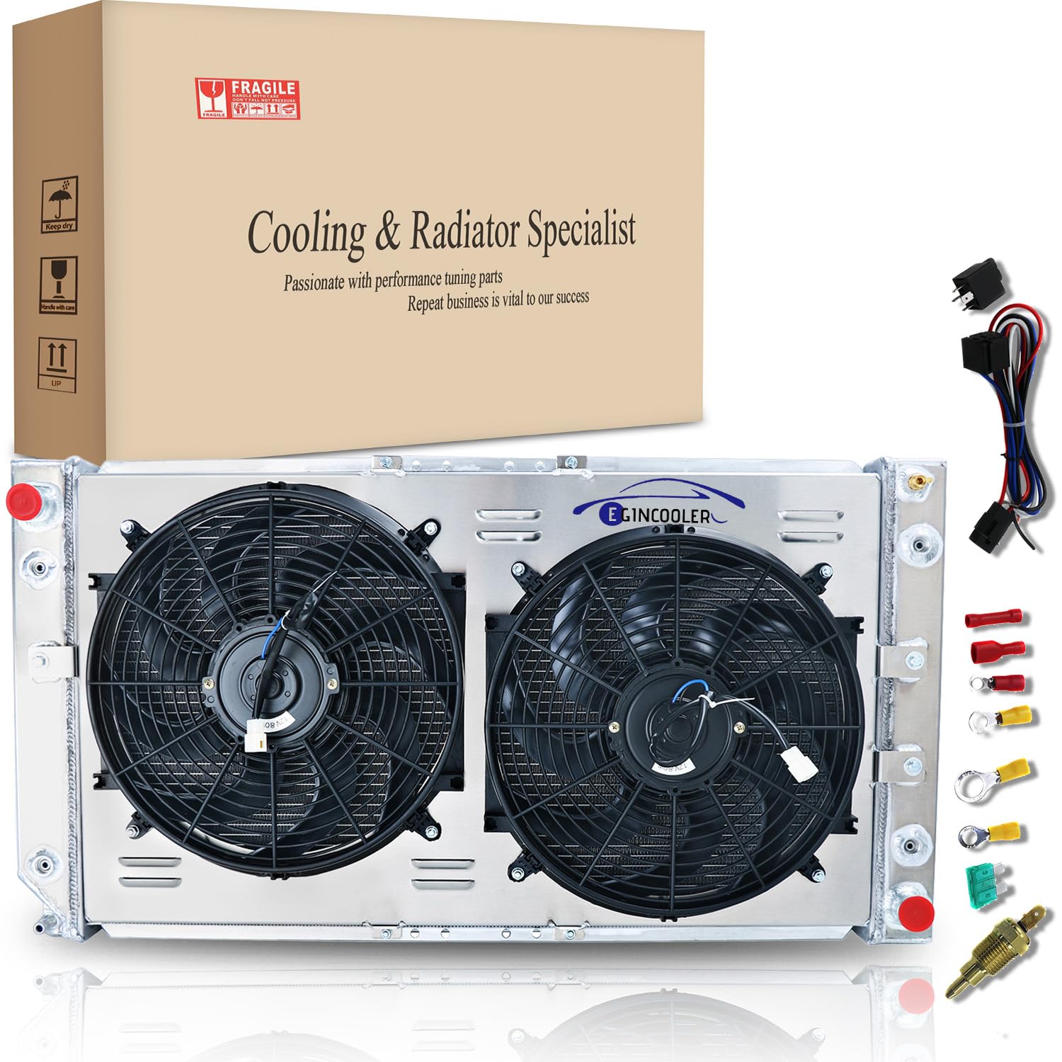 All Aluminum 4 Row Core Radiator for 1994-1996 Chevy Caprice, Impala & Buick Roadmaster 5.7L - Includes Shroud Fan & Relay - Perfect for Engine Cooling & Performance Upgrades