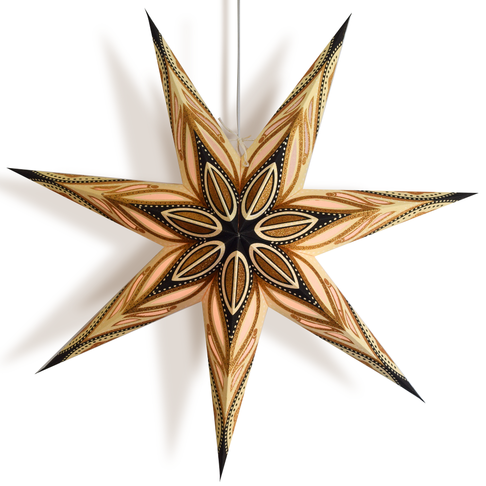 24-Pack Latte Brown Koko Glitter 7-Point Paper Star Lanterns - Hanging Wedding & Party Decorations for Indoor/Outdoor Events, Baby Showers, Christmas & Home Decor