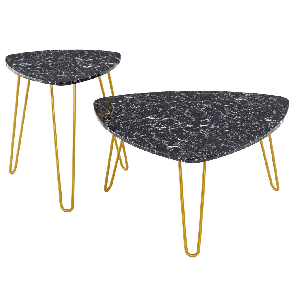 Modern Round Coffee Table with Faux Marble Top & Gold Metal Frame - 35.4 Inch Cocktail Table for Living Room, Home Office, Bedroom, Dining Room - 2 Set Black Marble Sticker - Perfect for Small Spaces & Stylish Gatherings