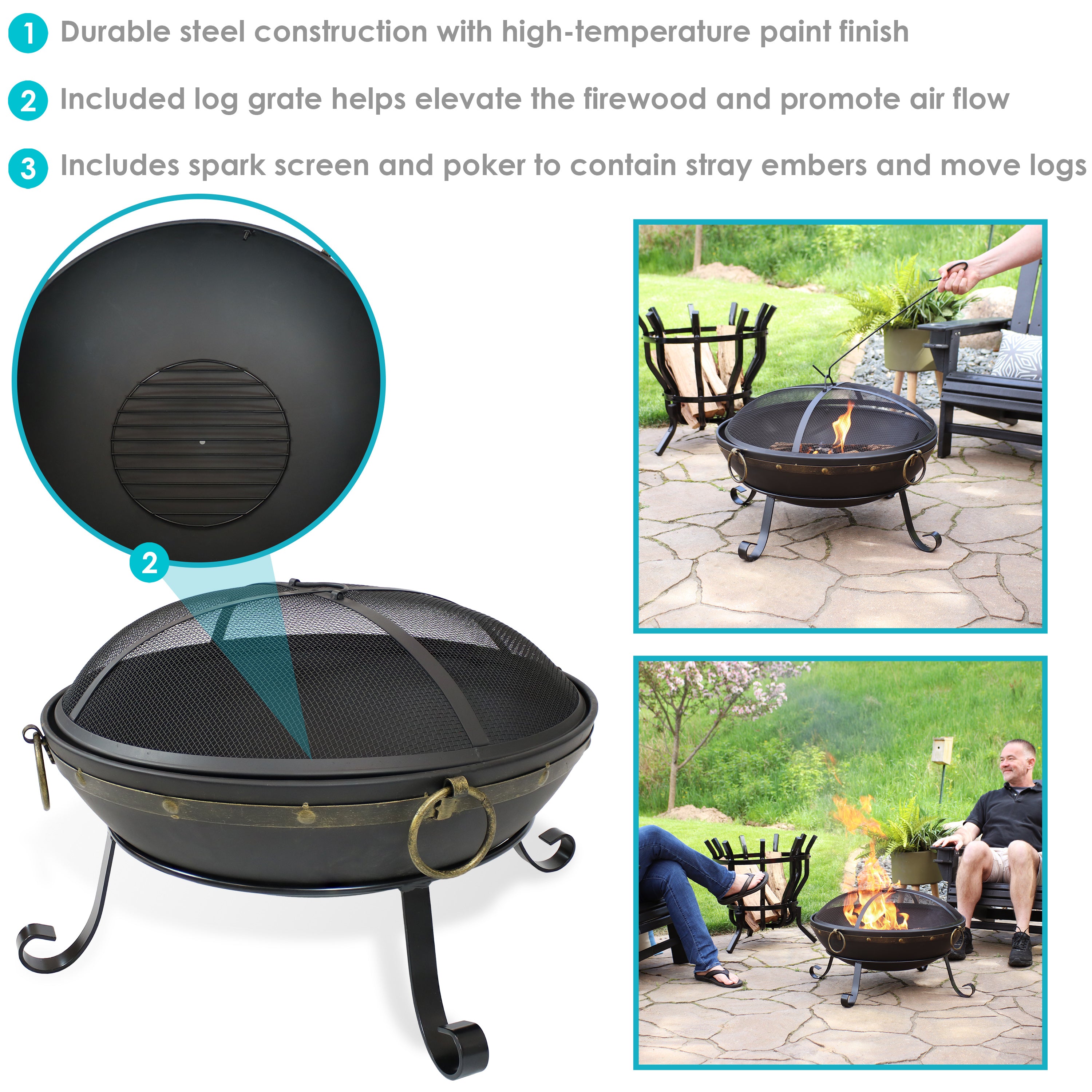 Sunnydaze Victorian Steel Fire Pit Bowl with Spark Screen - 25 Inch Outdoor Fireplace for Patio, Garden, Backyard & Camping