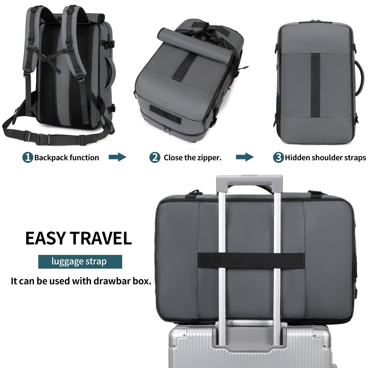 Airline Approved Carry On Travel Backpack for Men - Convertible Nylon Duffle Bag & Luggage (Gray) - Perfect for Business Trips, Weekend Getaways & Air Travel