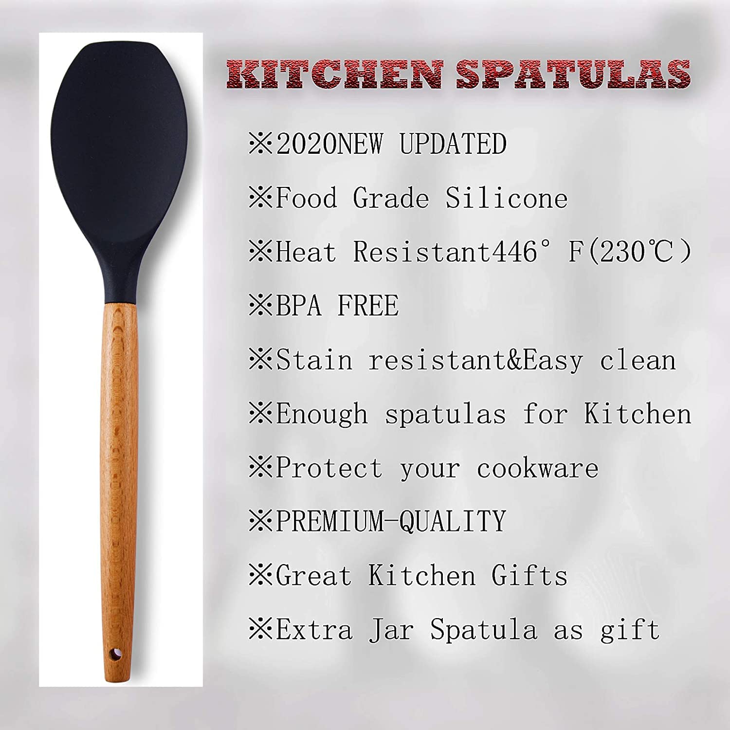 Heat Resistant Silicone Spatula Set with Wooden Handle - Nonstick Kitchen Utensils for Baking, Cooking & Mixing - Gray Rubber Scrapers Perfect for Non-Stick Cookware, Cake Decorating & Food Prep