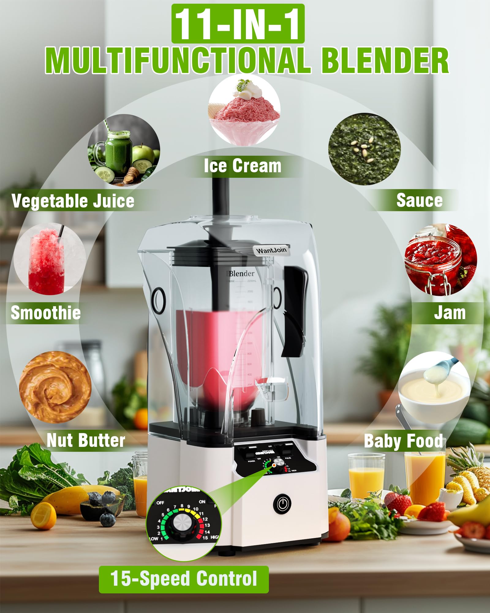 WantJoin Quiet Blender - 2.5 HP Copper Motor, 80oz Soundproof Blender for Smoothies, Juices, Soups & Sauces | 15-Speed Settings, Stainless Steel 6-Blade | Perfect for Home Kitchens, Healthy Smoothie Making & Meal Prep