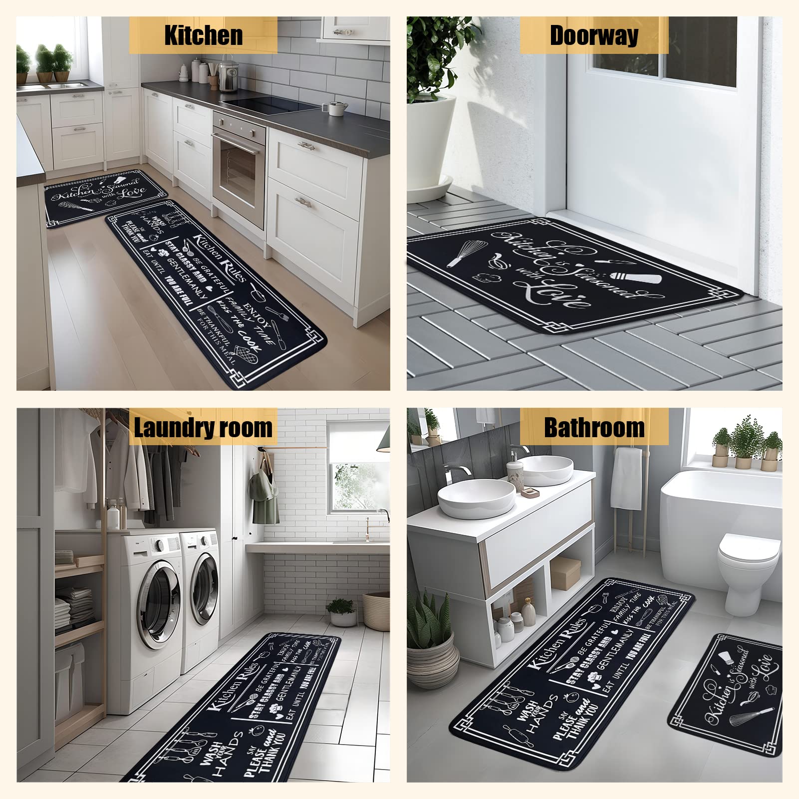 Non-Slip Washable Microfiber Kitchen Rugs Set of 2 - Black & White Kitchen Rules Themed Floor Mats (17