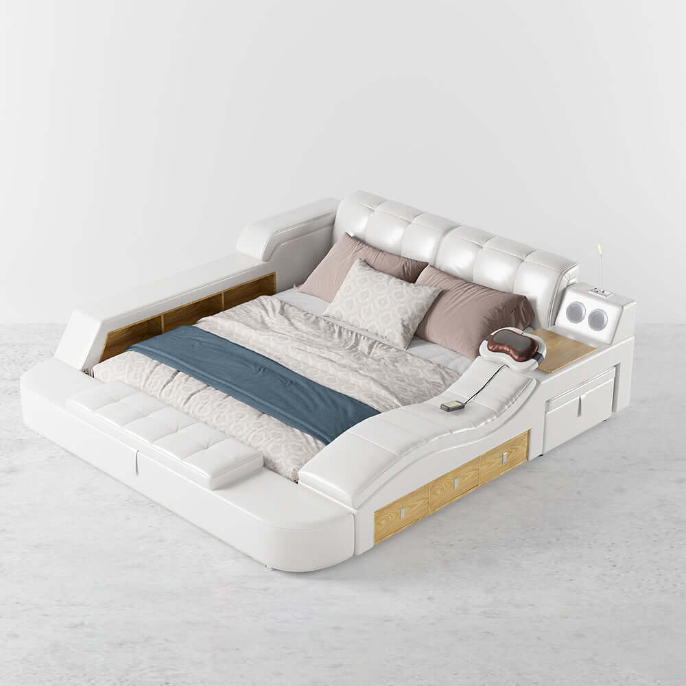 King Size White Smart Bed with Massage & Bluetooth Speaker - Faux Leather Upholstered Adjustable Bed for Ultimate Relaxation | Perfect for Bedroom, Home Theater & Luxury Living Spaces
