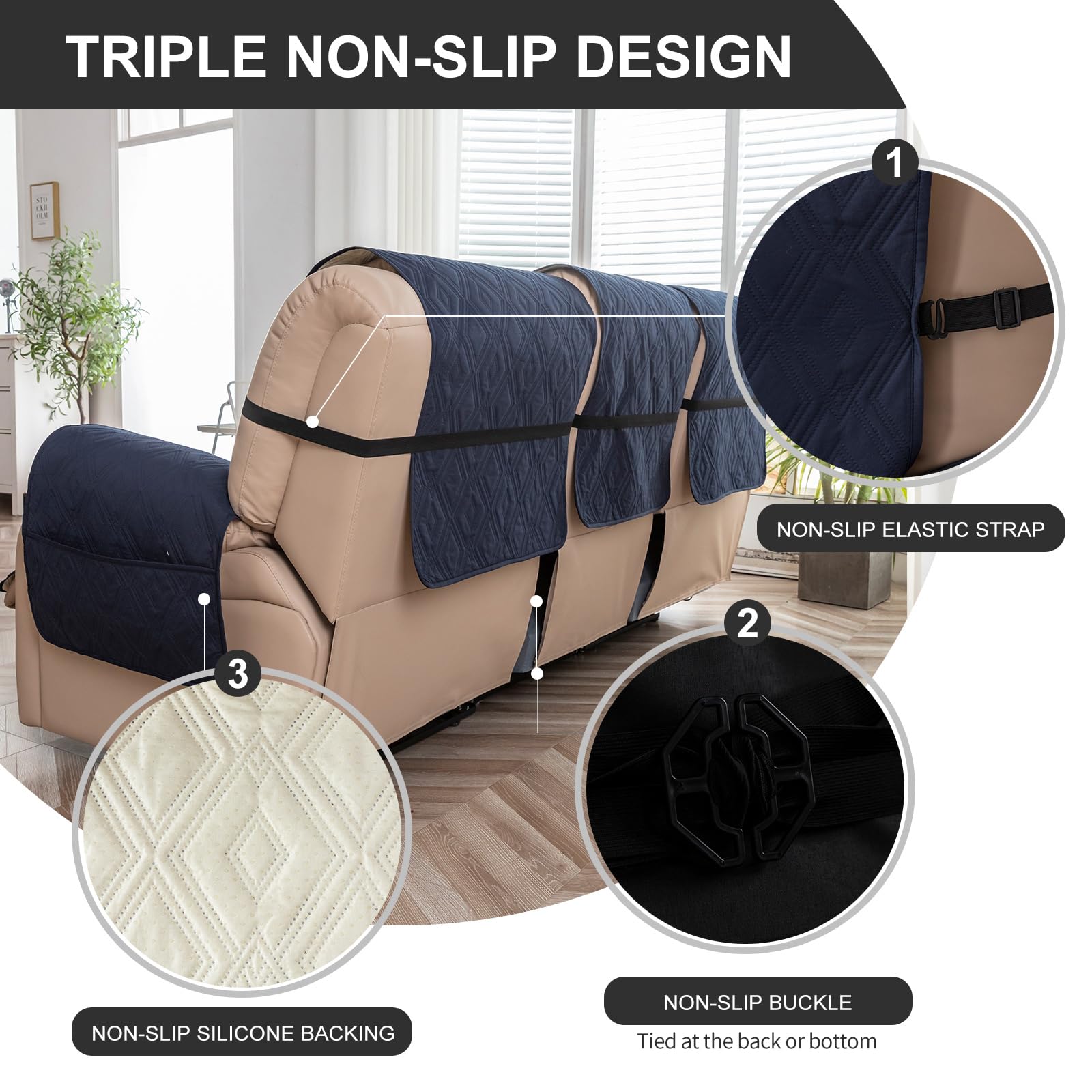 Waterproof Reclining Couch Cover 3-Seater Non-Slip Washable Sofa Protector for Pets & Kids - Navy Blue Furniture Protector for Recliner Sofas - Perfect for Living Room, Family Room & Pet-Friendly Homes