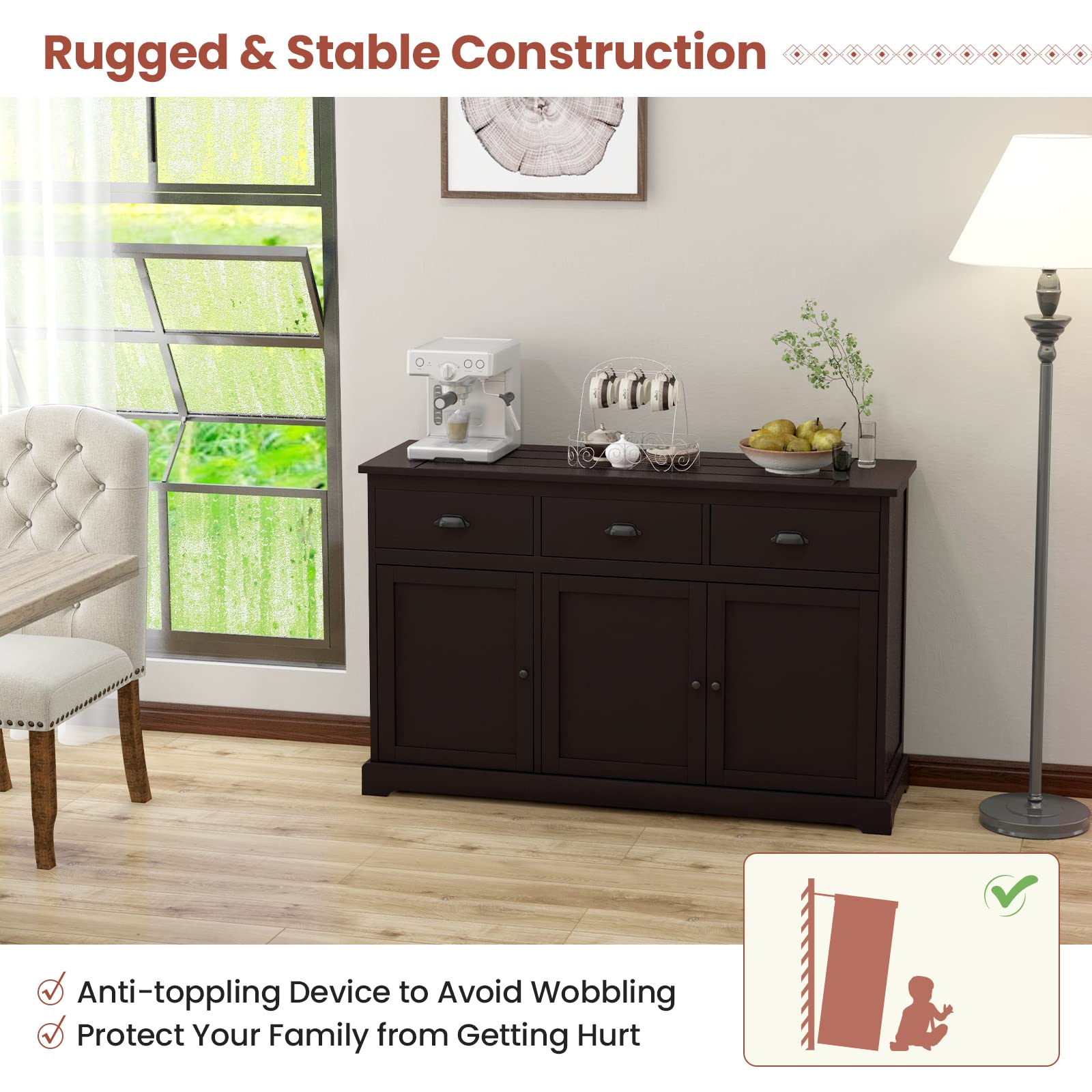 Giantex Sideboard Buffet Server - 2 Cabinets & 3 Drawers Storage Cabinet with Adjustable Shelves, Brown - Perfect for Kitchen, Dining Room & Entryway Organization