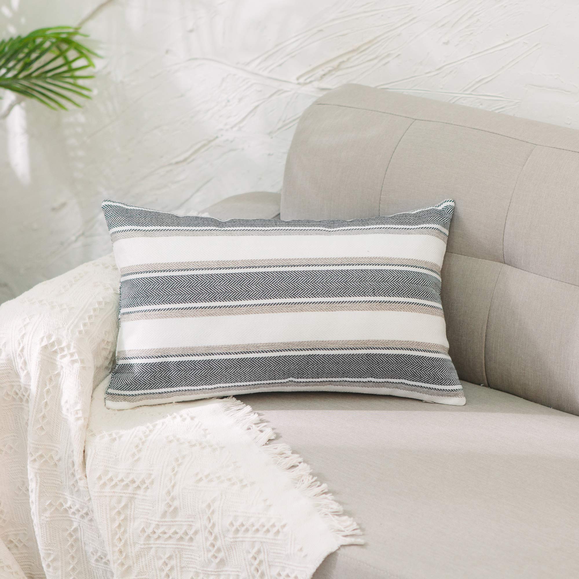 Premium Soft Faux Linen Decorative Pillow Cover - Black & White Stripe Lumbar Throw Cushion Case with Hidden Zipper (12