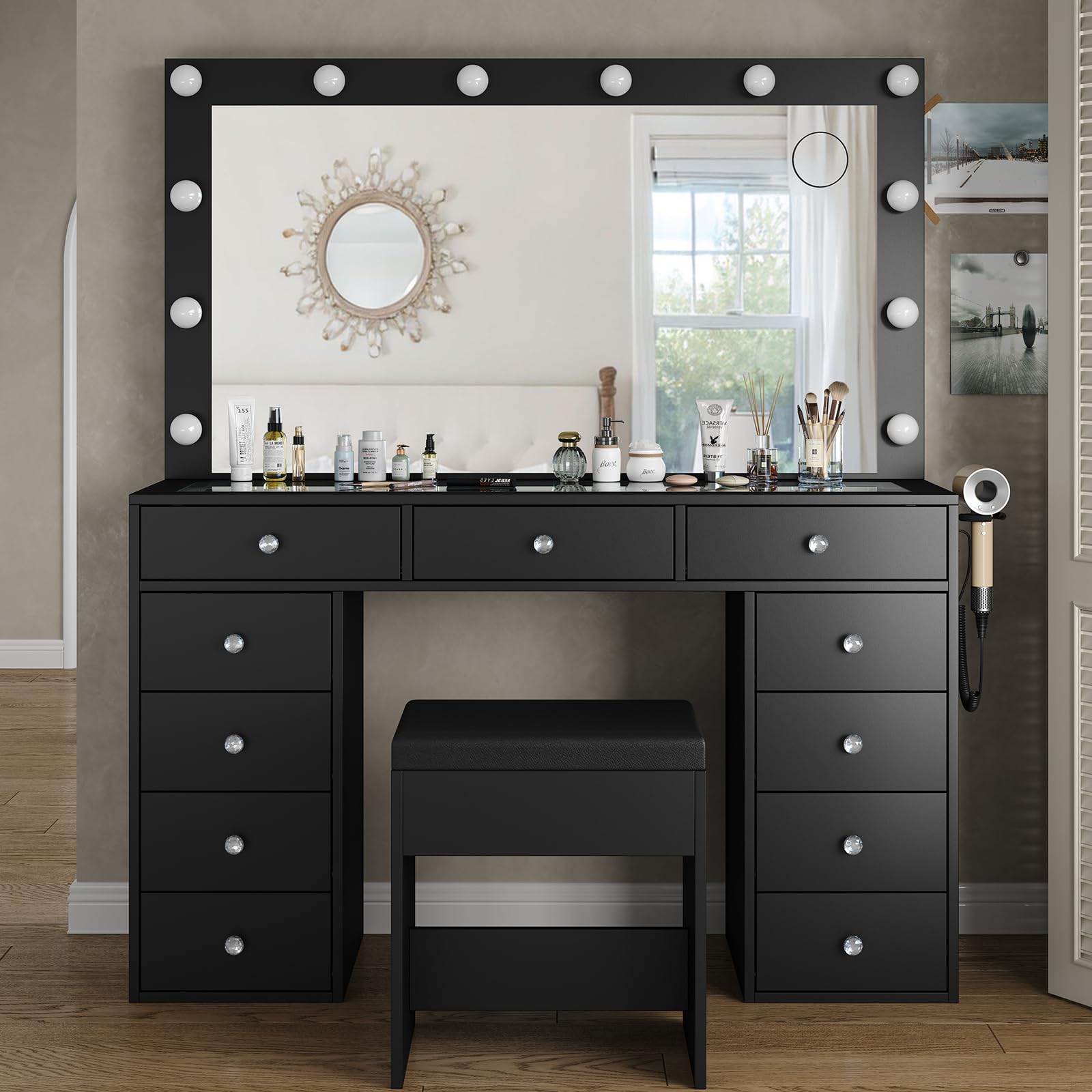 Vanity Desk with Power Outlet & 12 LED Lights - Makeup Table with Mirror, 11 Drawers & 3 Adjustable Lighting Modes - Perfect for Bedroom, Dressing Room & Beauty Salon (Black)