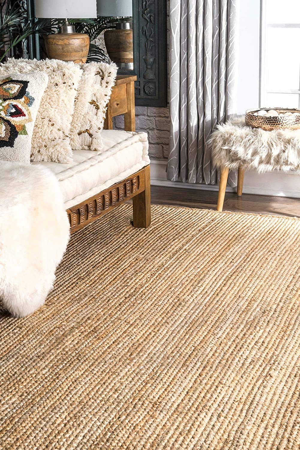 Hand Woven Natural Jute & Seagrass Square Area Rug 6'x9' - Eco-Friendly Basketweave Design for Living Room, Bedroom & Home Decor