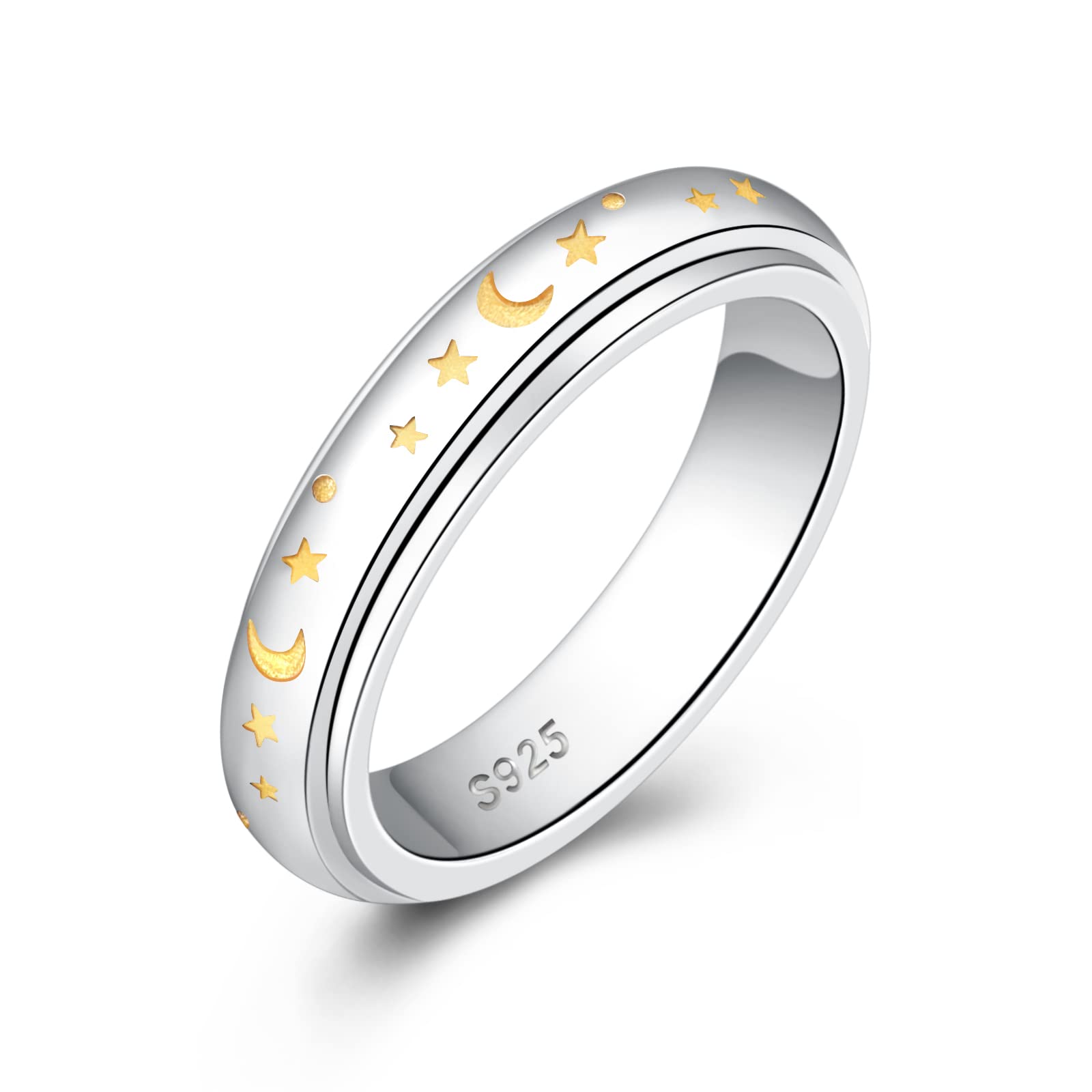 BEILIN Sterling Silver Spinner Rings for Women - Moon & Star Design Fidget Ring for Anxiety Relief & Stress Reduction - Perfect for Office, Travel & Daily Wear