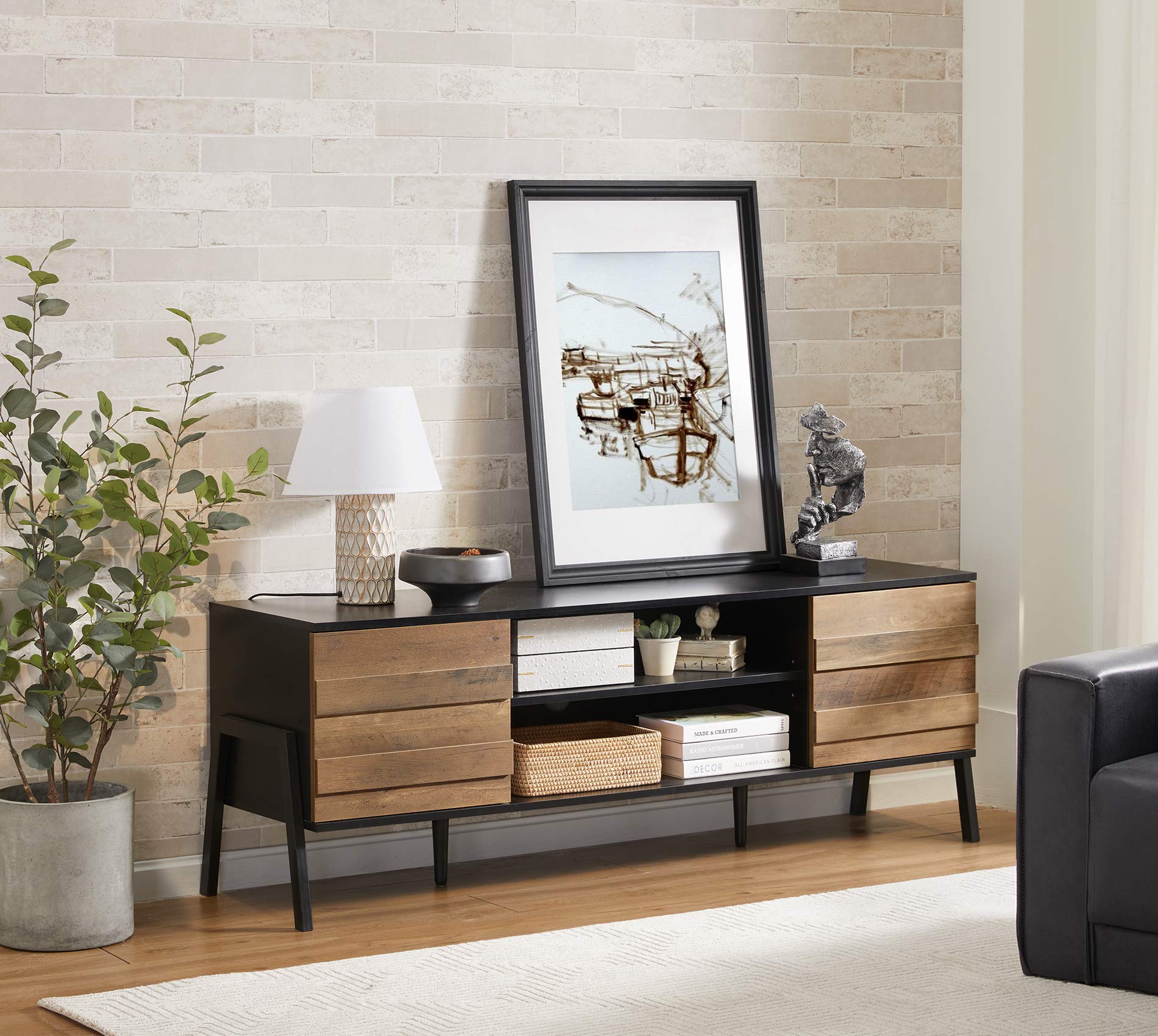 WAMPAT 60 Inch Retro TV Stand with Storage Cabinet for 65+ Inch TVs - Mid Century Modern TV Console Table with Metal Legs & Wood Entertainment Center - Black/Brown - Perfect for Living Room & Bedroom | Home Theater Setup & Media Storage Solution