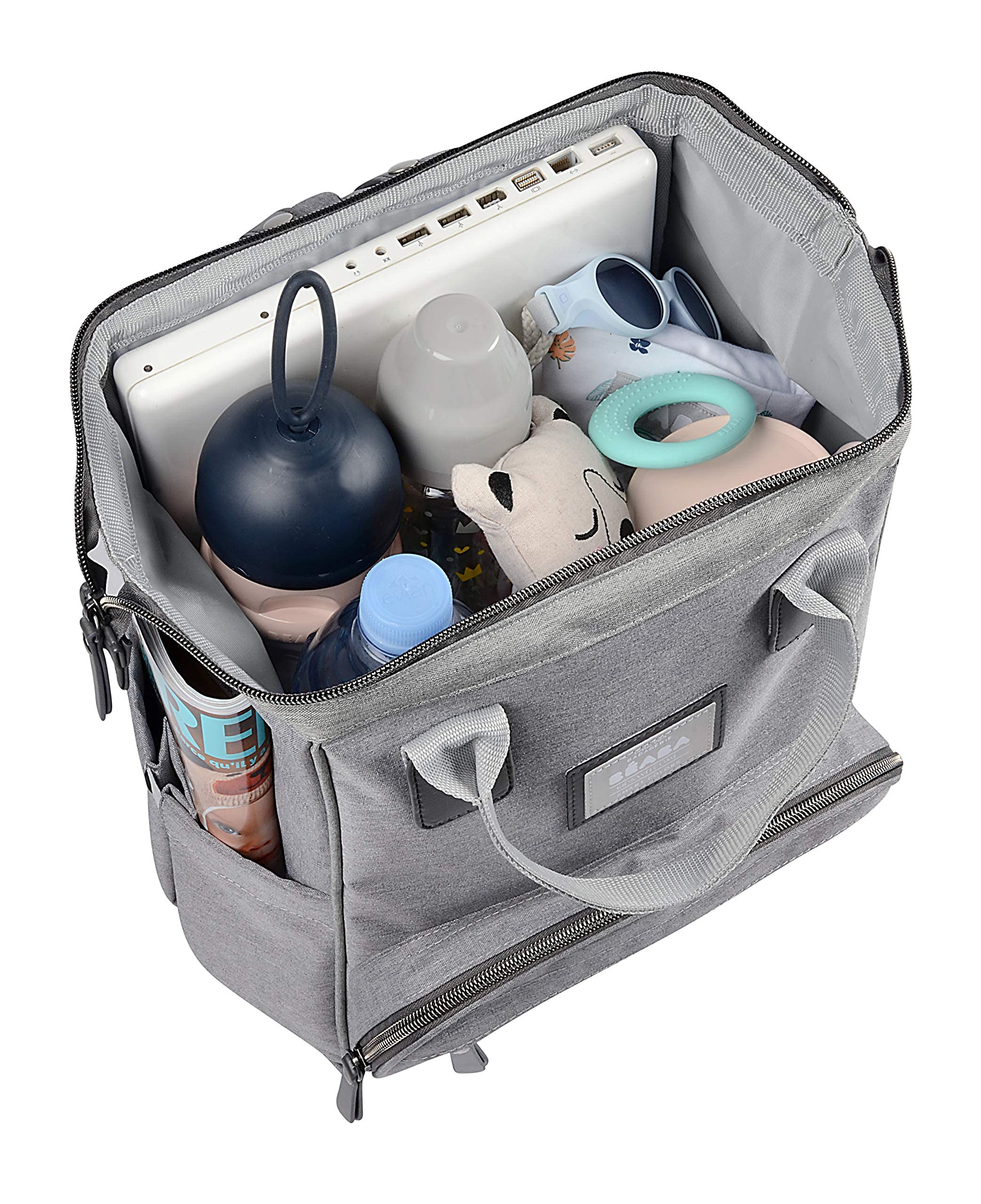 BEABA Wellington Diaper Bag Backpack - Waterproof Baby Diaper Backpack for Moms & Dads with Changing Pad & Stroller Straps, Large Capacity Travel Bag for Boys & Girls, Perfect for Daycare, Travel & Outings (Grey)