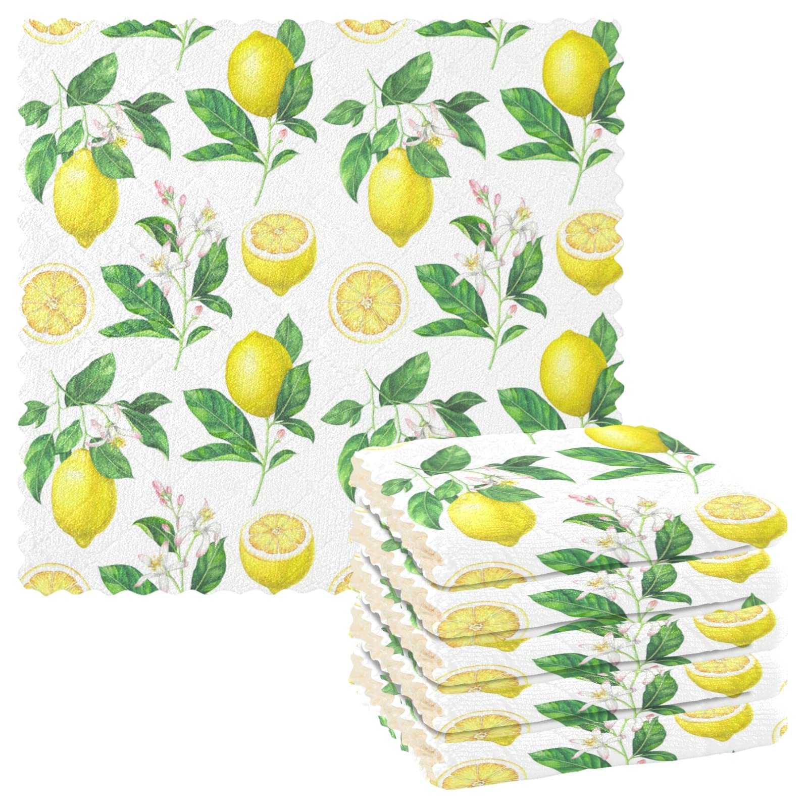 ALAZA Super Absorbent Dish Towels Set of 6 - 11x11 Inch Lemon Print Kitchen Cleaning Cloths | Lint-Free, Soft & Durable for Dishes, Bar Tea, Countertops | Fresh Yellow & White Cotton Kitchen Accessories