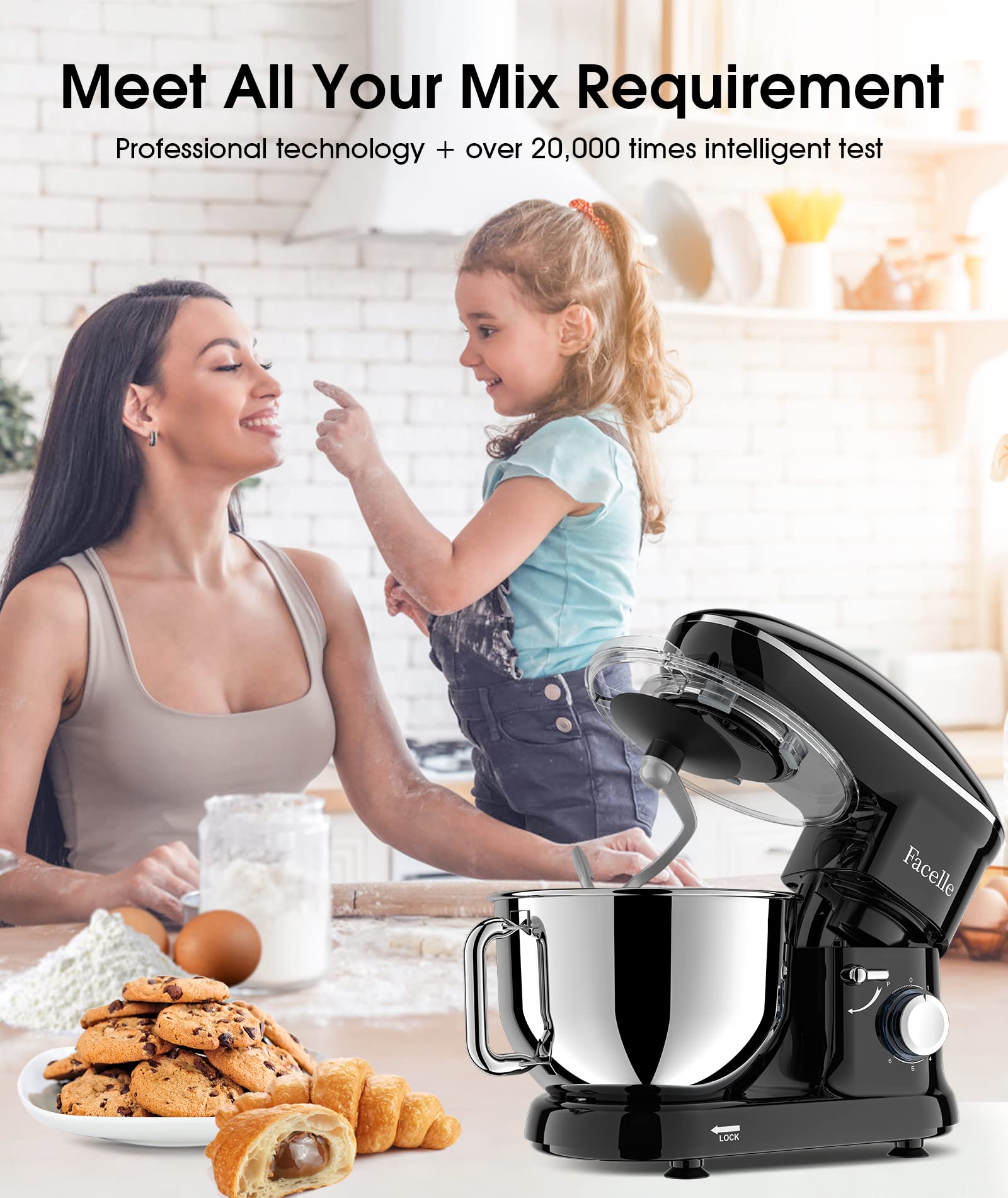 Facelle 660W 6-Speed Stand Mixer - Tilt-Head Electric Kitchen Mixer with Pulse Function, 6.5QT Stainless Steel Bowl, Dishwasher-Safe Beater, Dough Hook & Whisk - Perfect for Baking Cakes, Cookies, Bread and More - Black