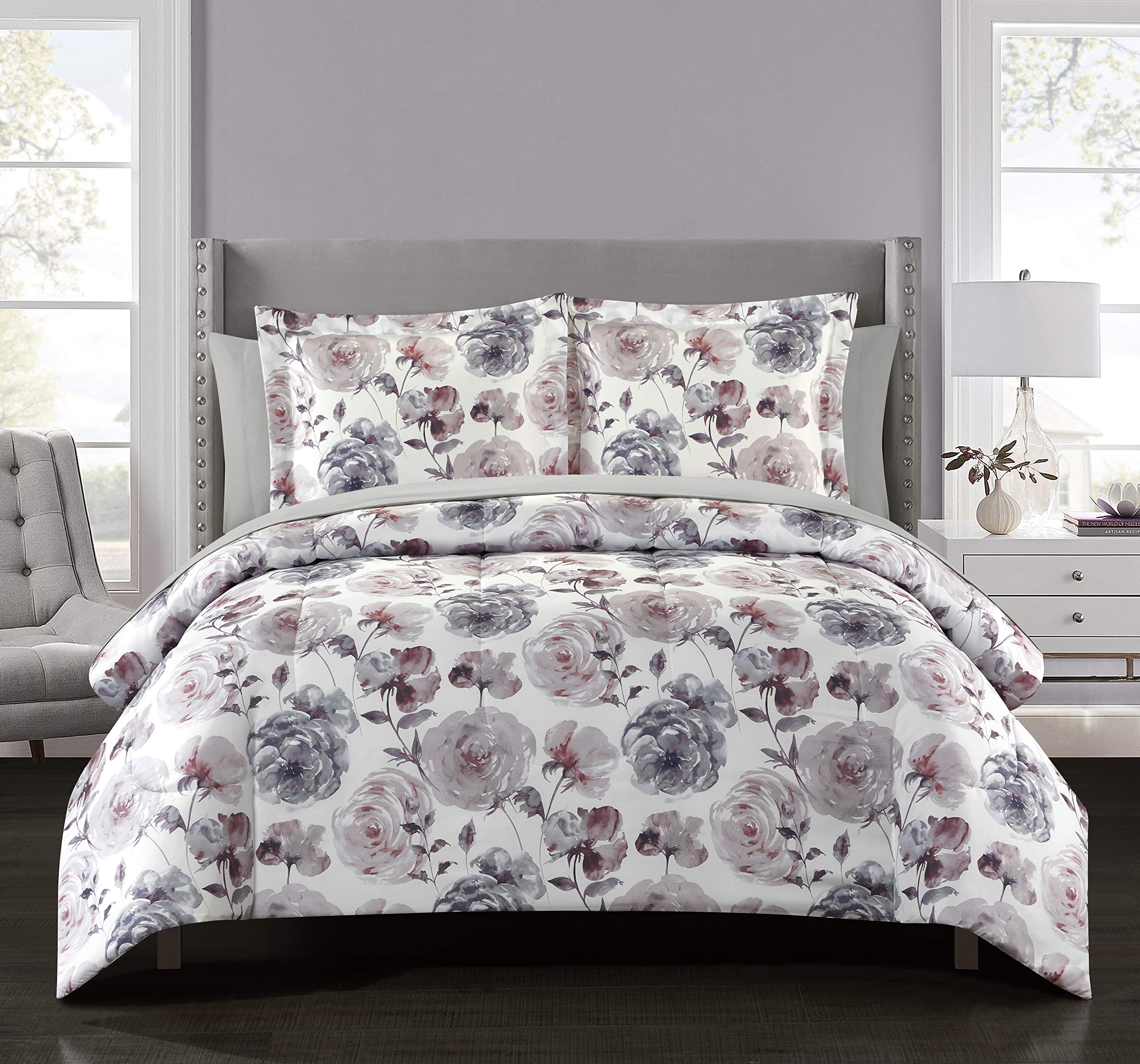ParkLane Blossom Floral 11-Piece Reversible King Size Bed in a Bag Set - Rose Pattern | Complete Bedding Ensemble for Master Bedrooms, Guest Rooms & Cozy Retreats