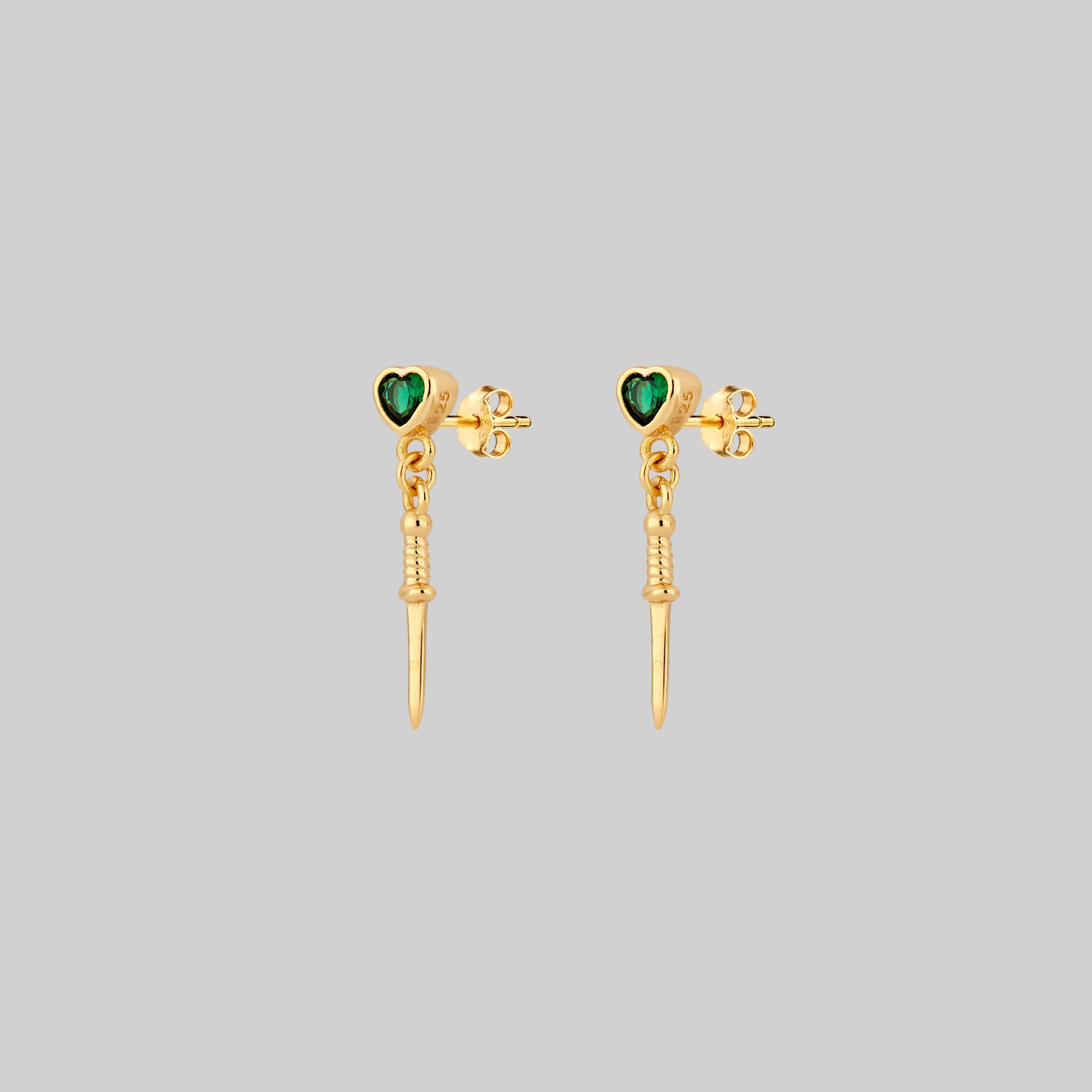 REIGN Green Heart & Dagger Drop Earrings - 14K Gold Plated Dainty Gothic Jewelry for Women, Perfect for Valentine's Day Gifts, Date Night & Punk Fashion Accessories