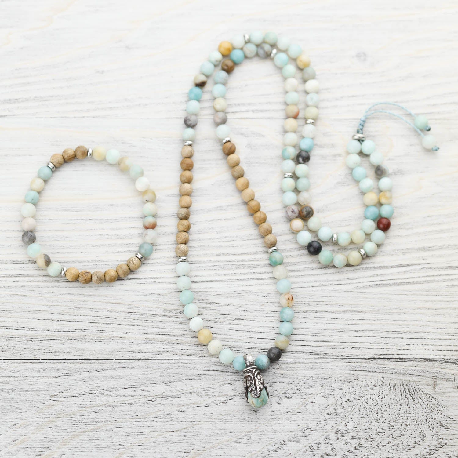 Amazonite & Sandalwood Serenity Wrist Mala Beads - Natural Stone Buddhist Prayer Bracelet for Meditation, Yoga & Stress Relief - Handmade Spiritual Jewelry for Mindfulness & Positive Energy