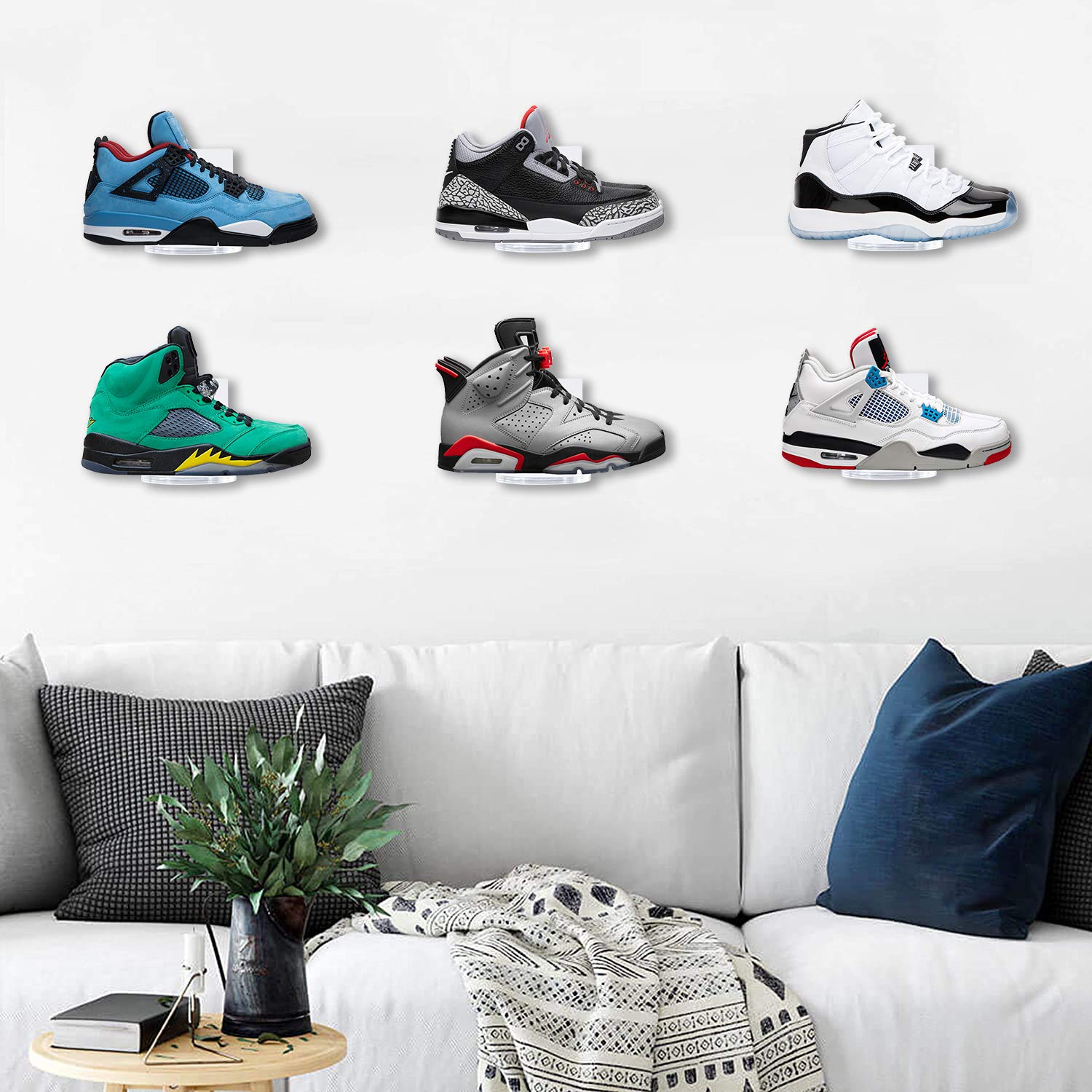 Clear Wall Mounted Floating Shoe Shelves - Set of 6 Transparent Sneaker Display Rack for Organizing & Showcasing Shoes in Bedroom, Closet or Entryway
